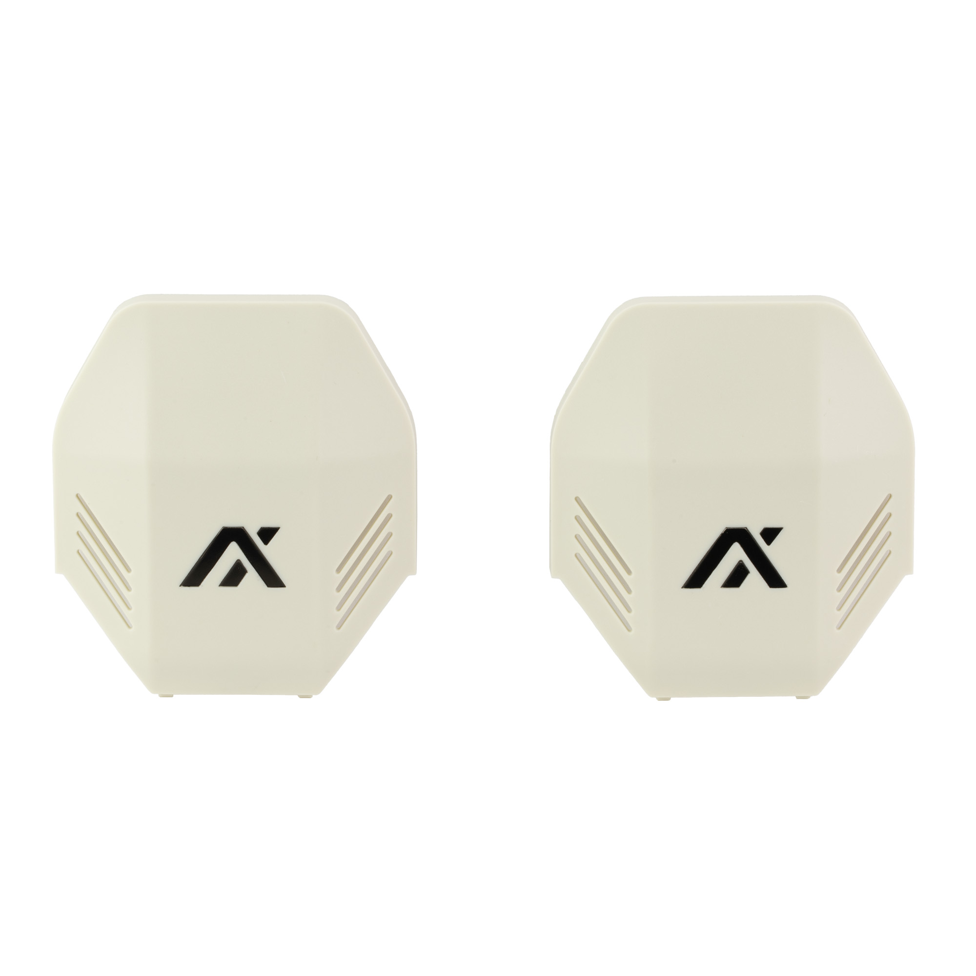 Two bone white AXIL MX replacement earmuff plates with black logo on white background