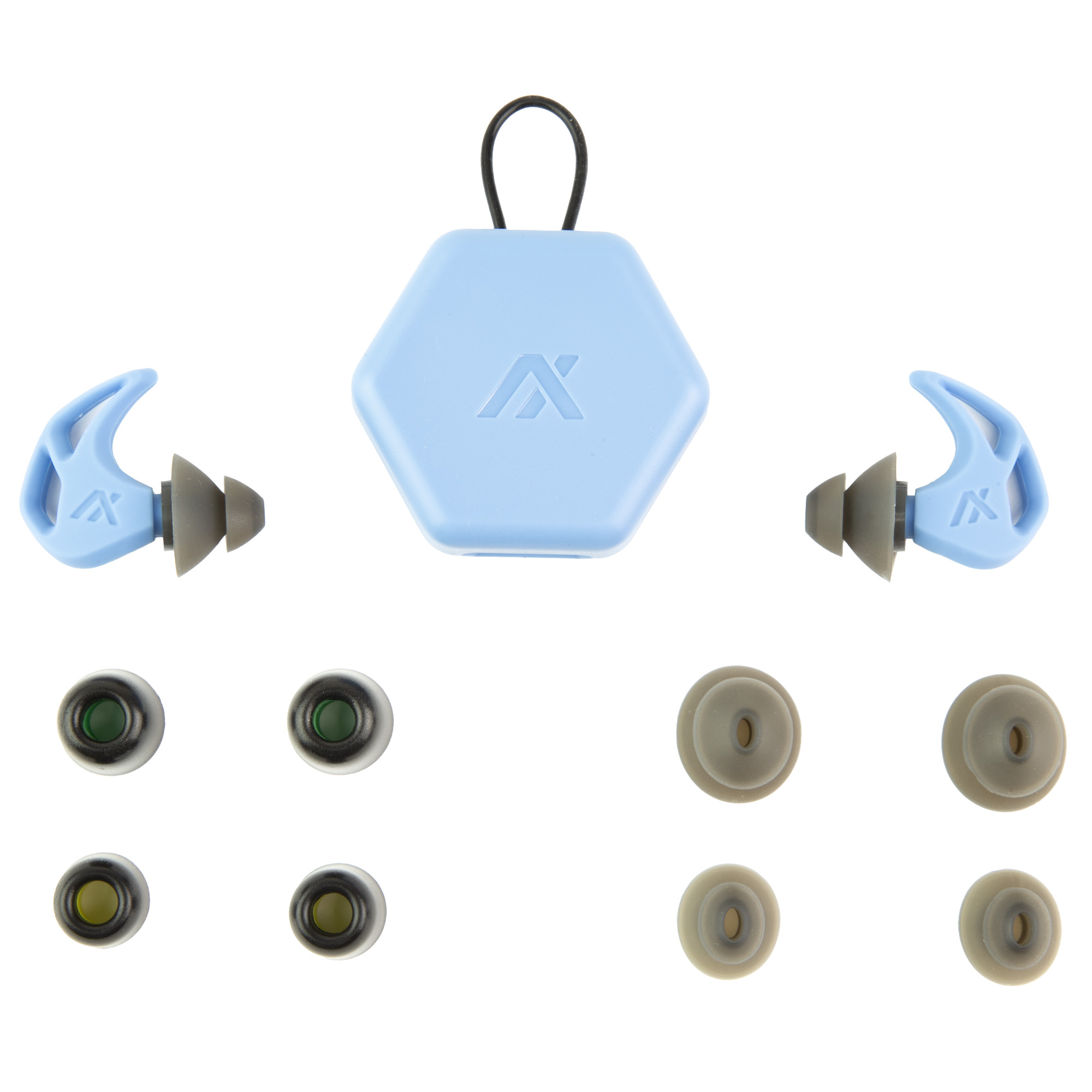 AXIL X20 slate blue earplugs with silicone and foam tips and pocket carry case