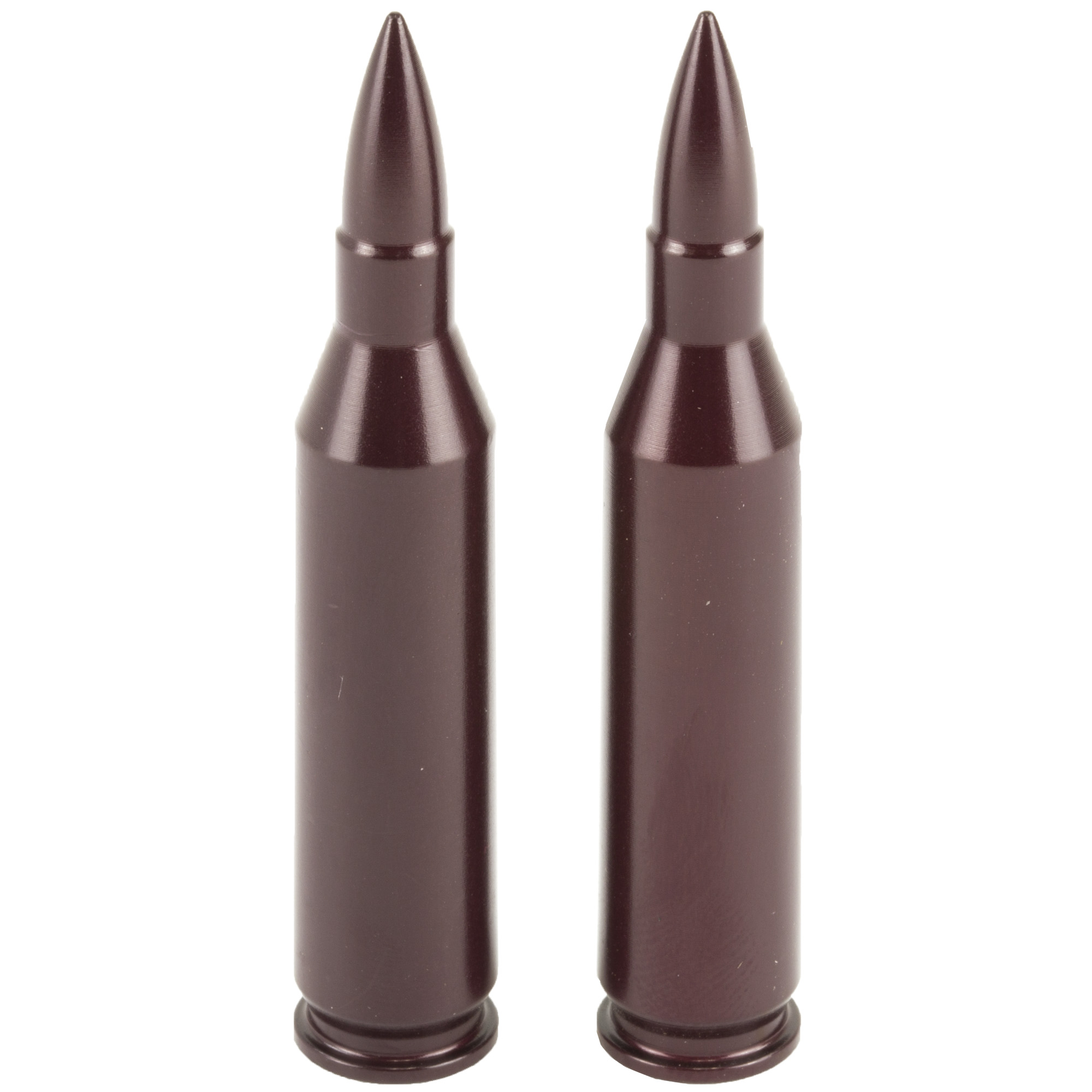 Two A-Zoom .243 Win aluminum snap caps standing upright on white background