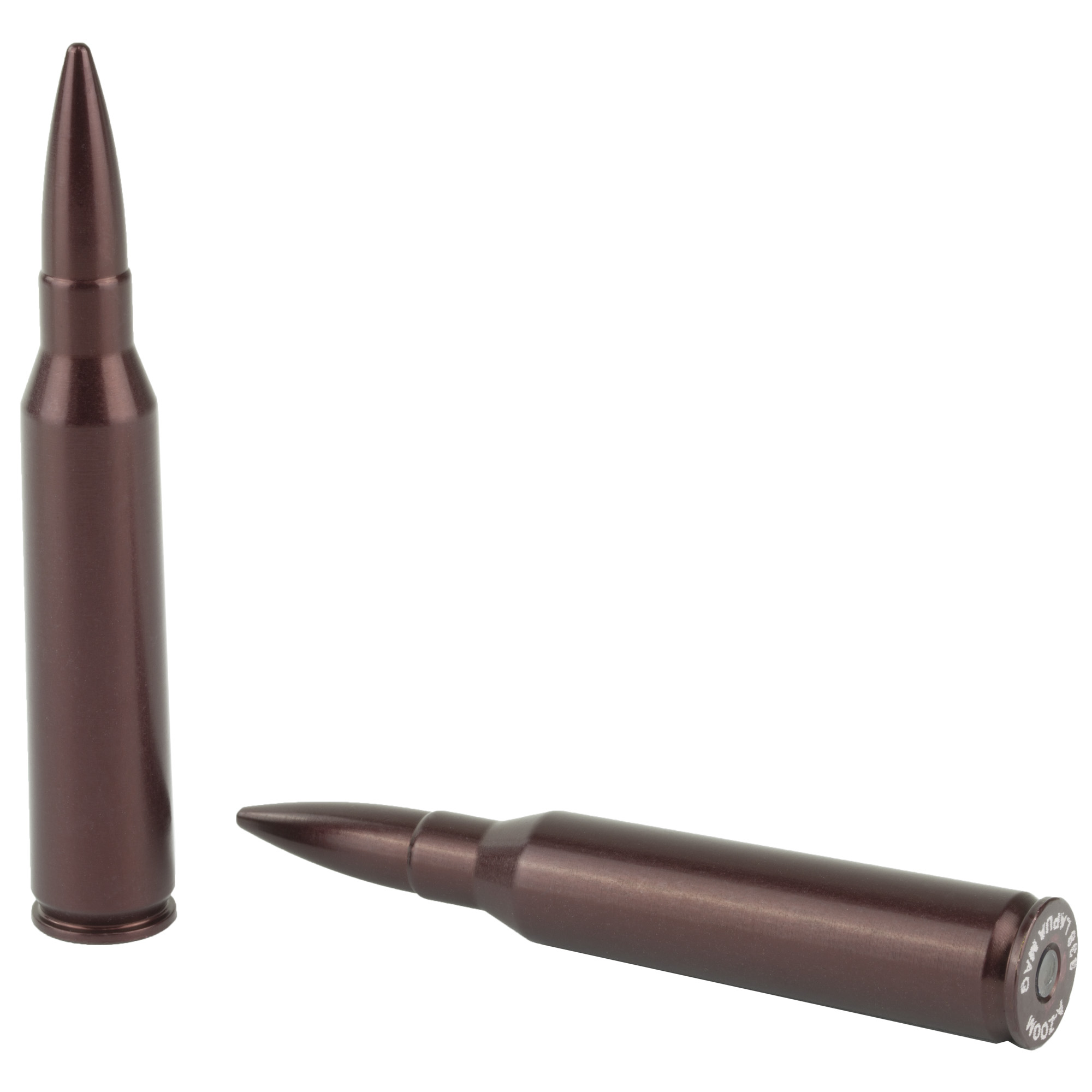 Two red anodized aluminum A-Zoom 338 Lapua snap cap training rounds