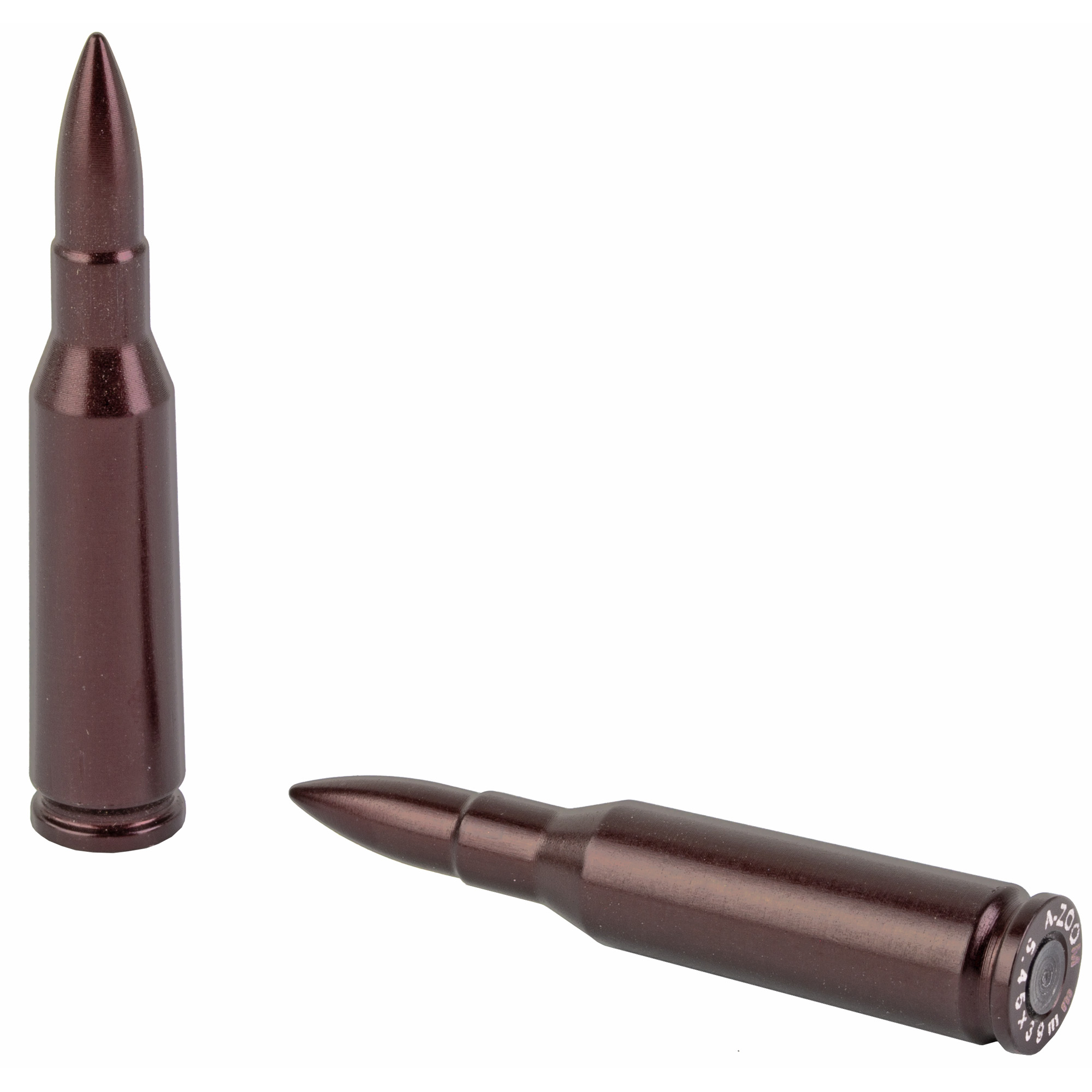 Two A-Zoom red aluminum 5.45x39 snap cap training rounds, one showing the headstamp