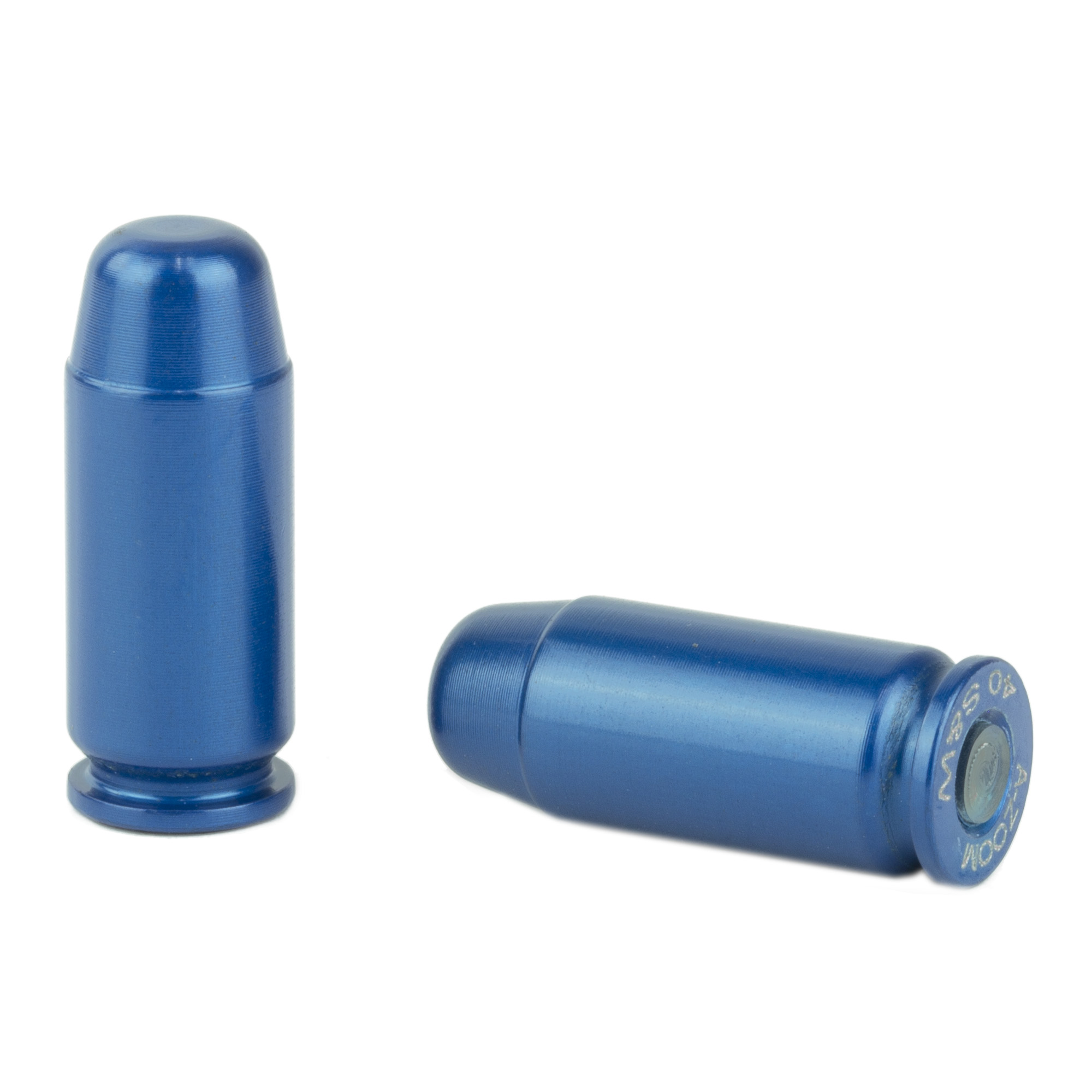 Two blue A-Zoom snap caps, one showing the case base headstamp