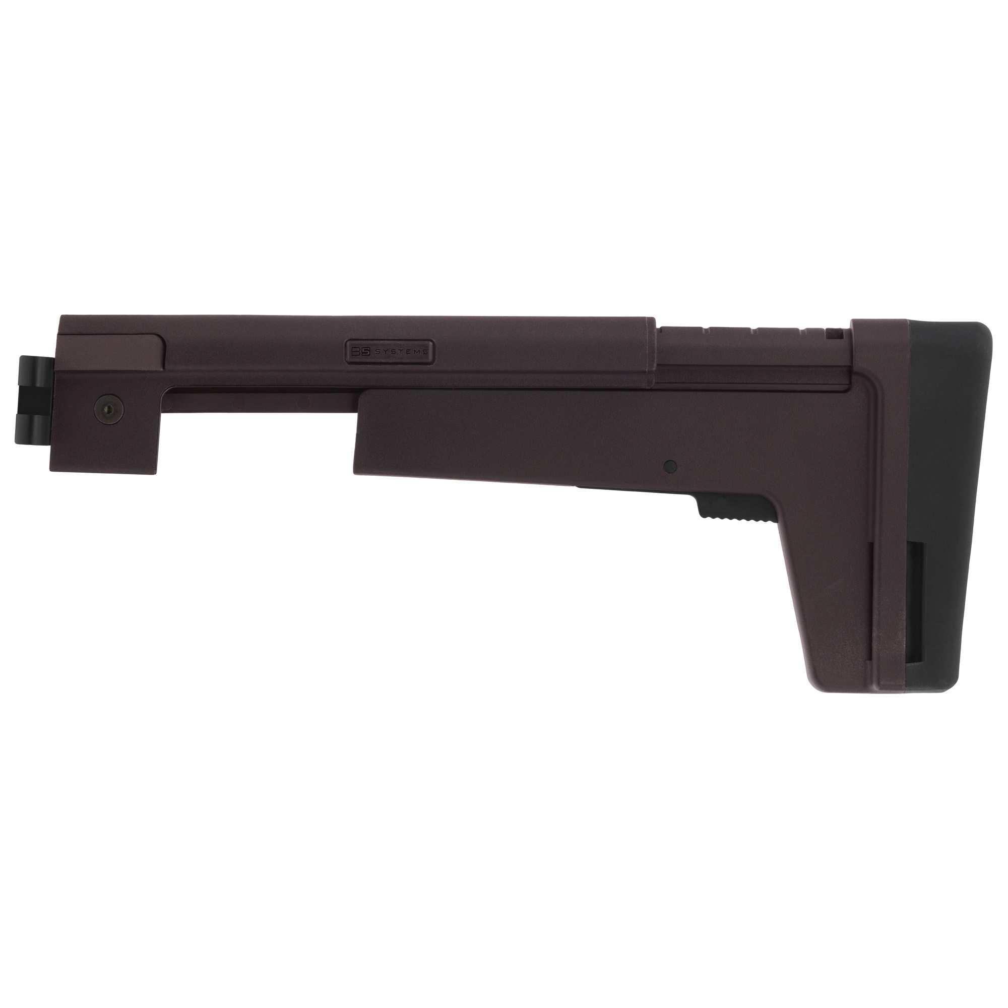 Plum B5 Systems AK stock, left side view showing the buttpad and folding trunnion end