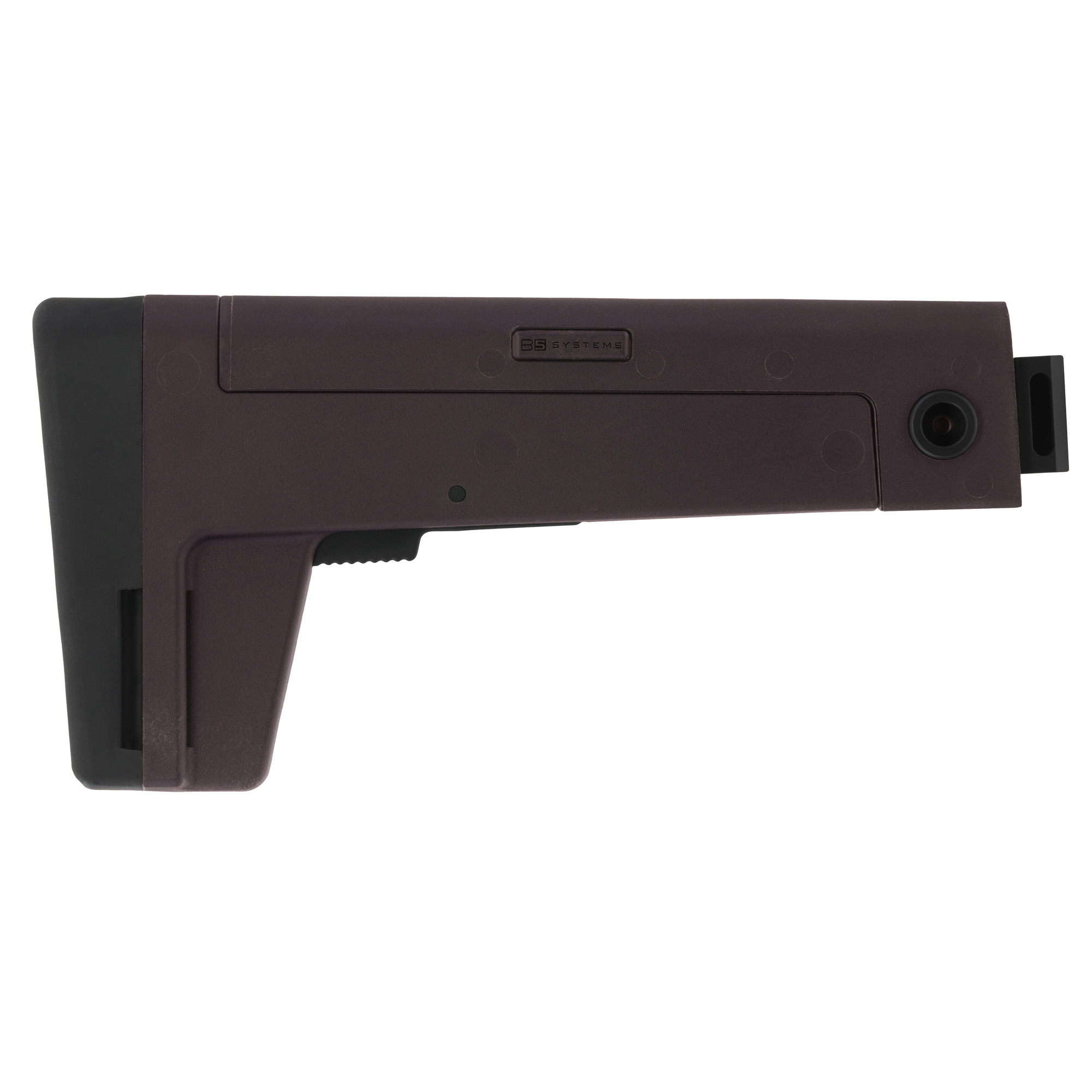 Plum B5 Systems AK stock, angled side view showing the adjustable buttpad