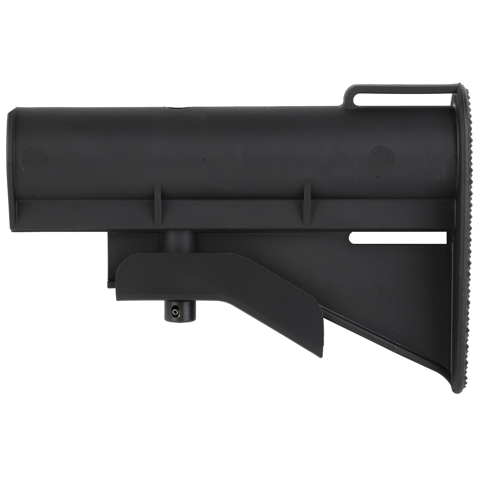 Black CAR-15 buttstock, right side view showing checkering and sling loop