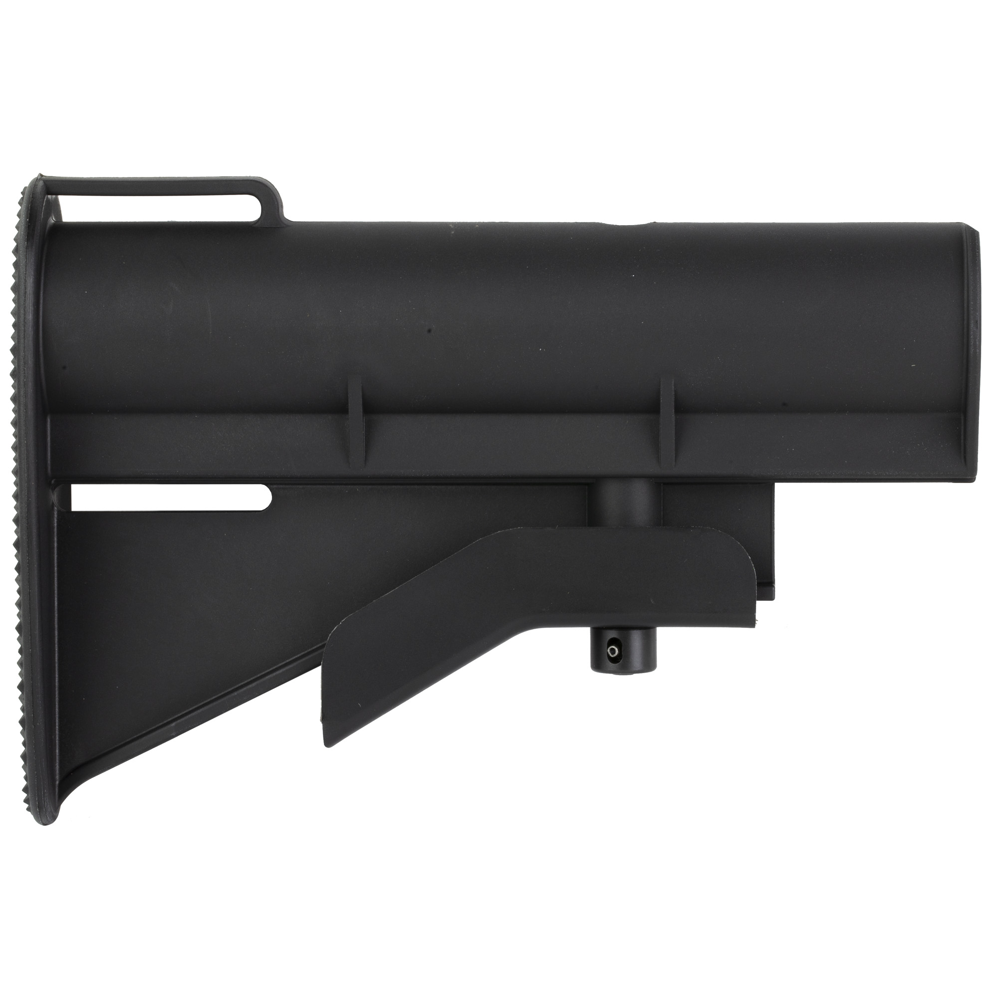 Black CAR-15 buttstock, left side view with cleaning channel and checkered butt plate