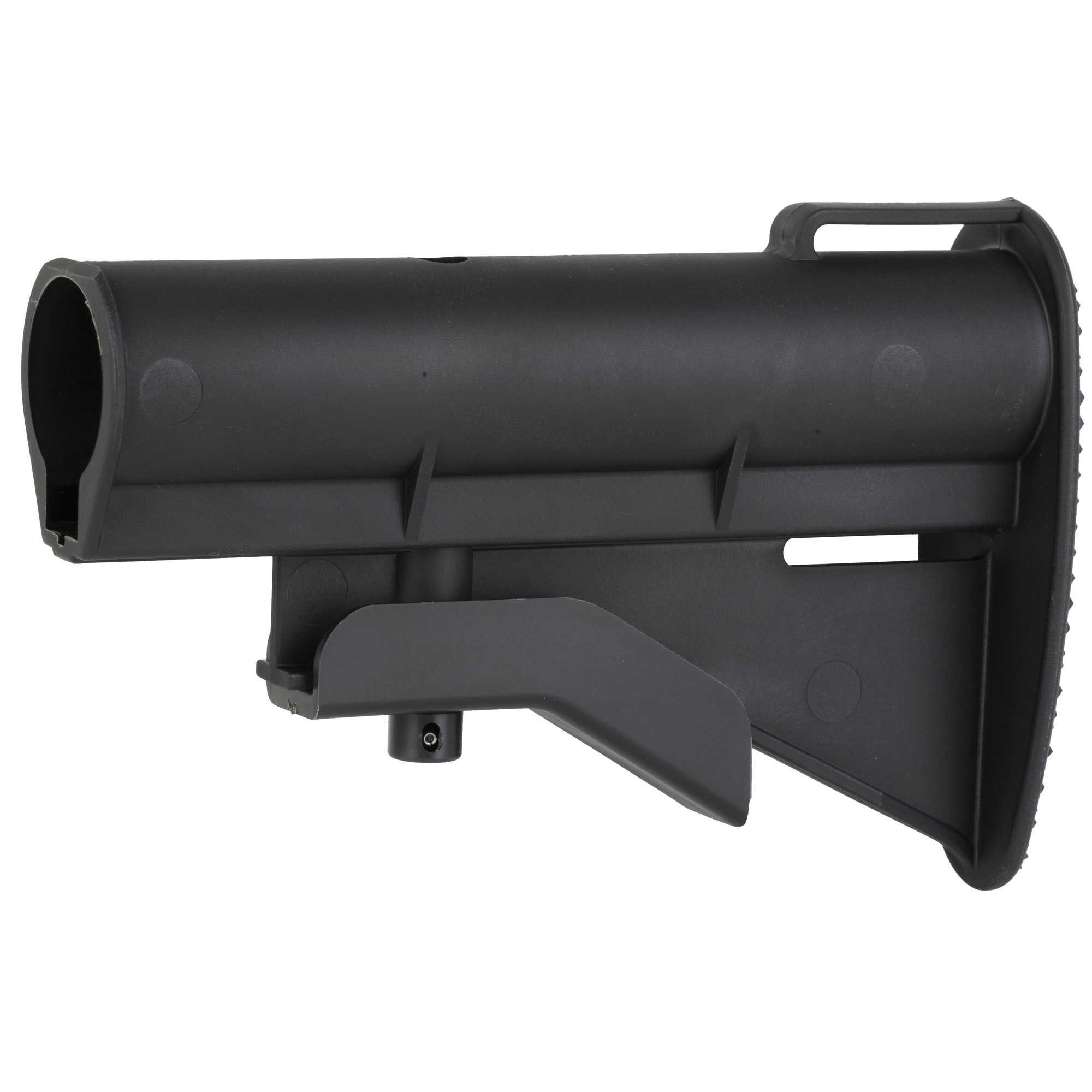 Black CAR-15 buttstock, angled front view showing the sling loop and rear checkered butt plate