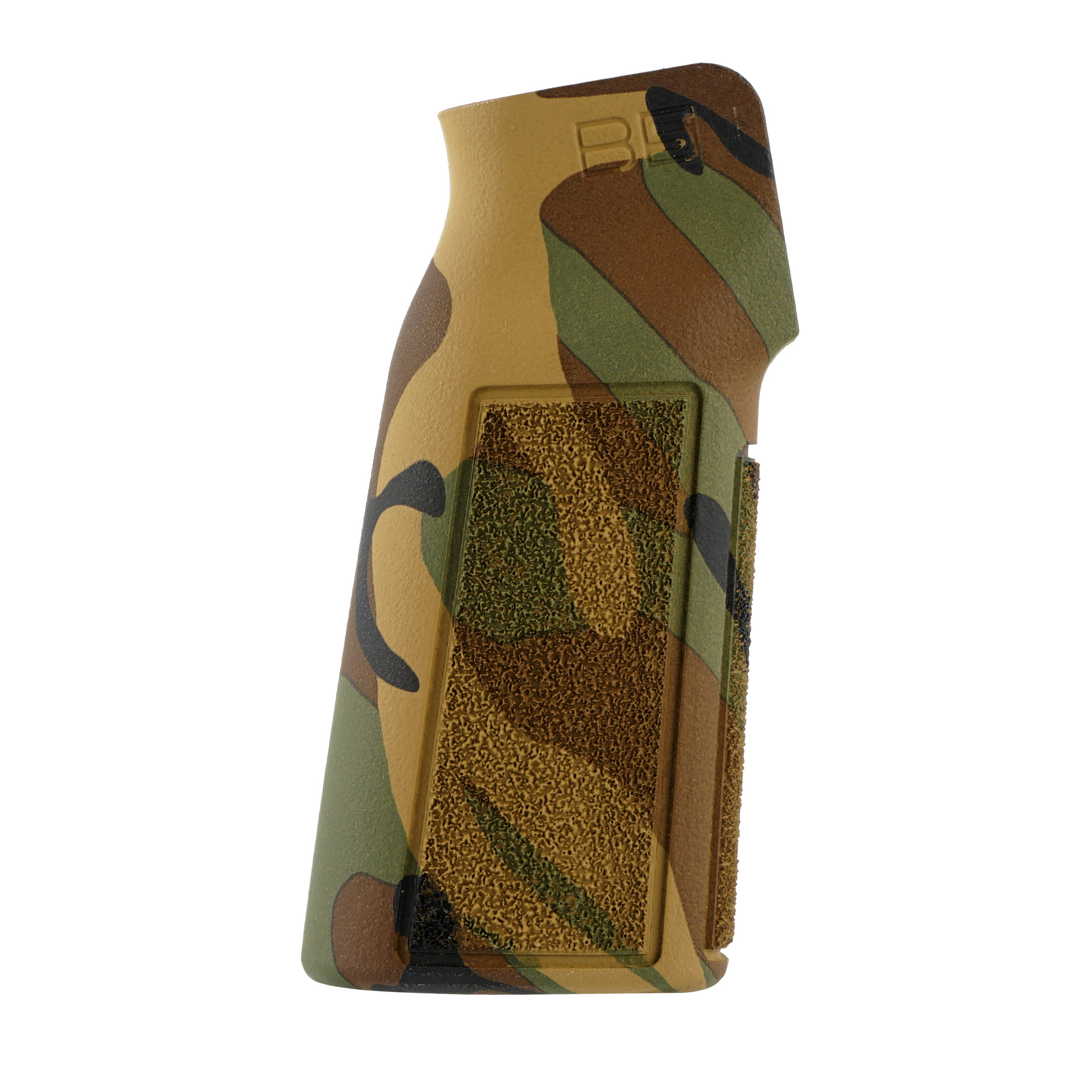 B5 Systems Woodland camo P-Grip rifle grip angled view showing the texture panel and logo