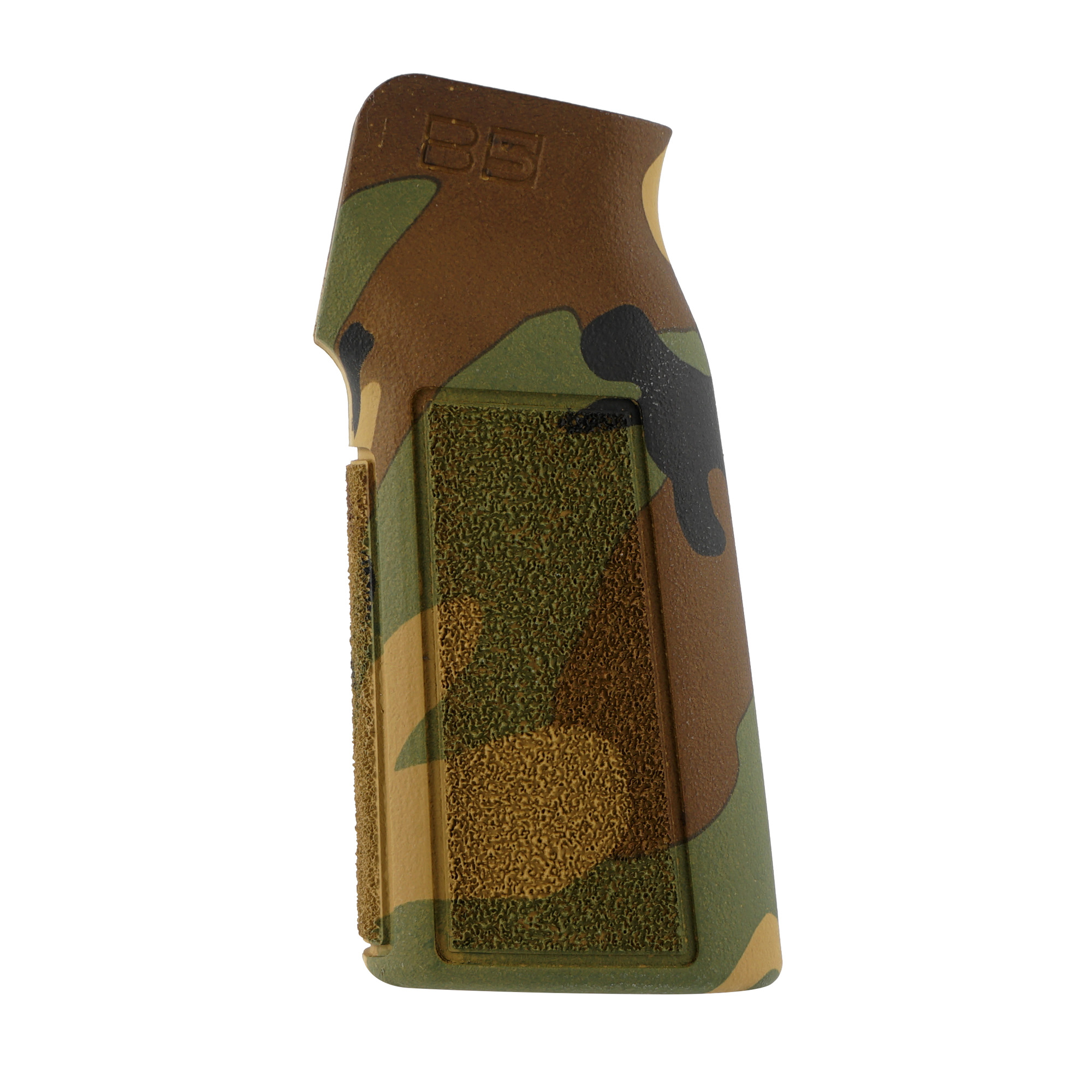 B5 Systems Woodland camo P-Grip rifle grip side view showing the textured thumb rest panel