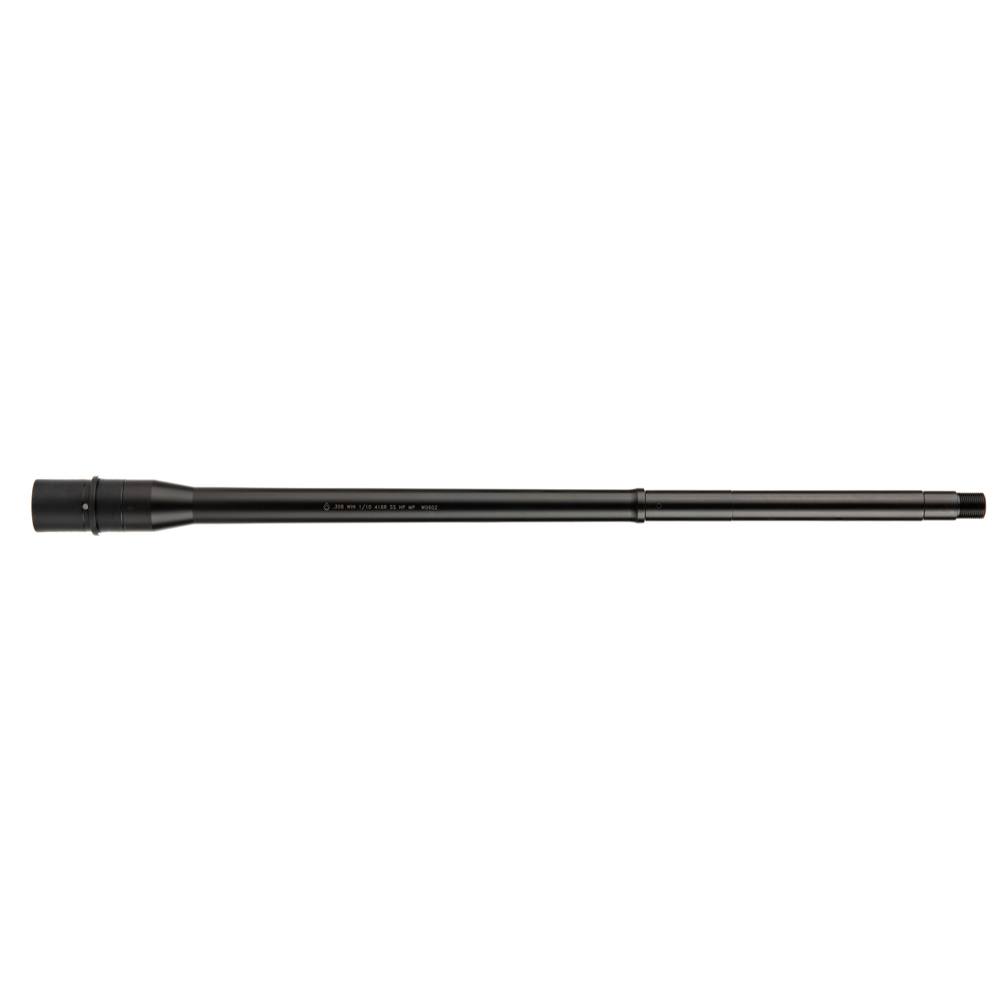 Black 20 inch AR-10 barrel laid horizontally on a white background