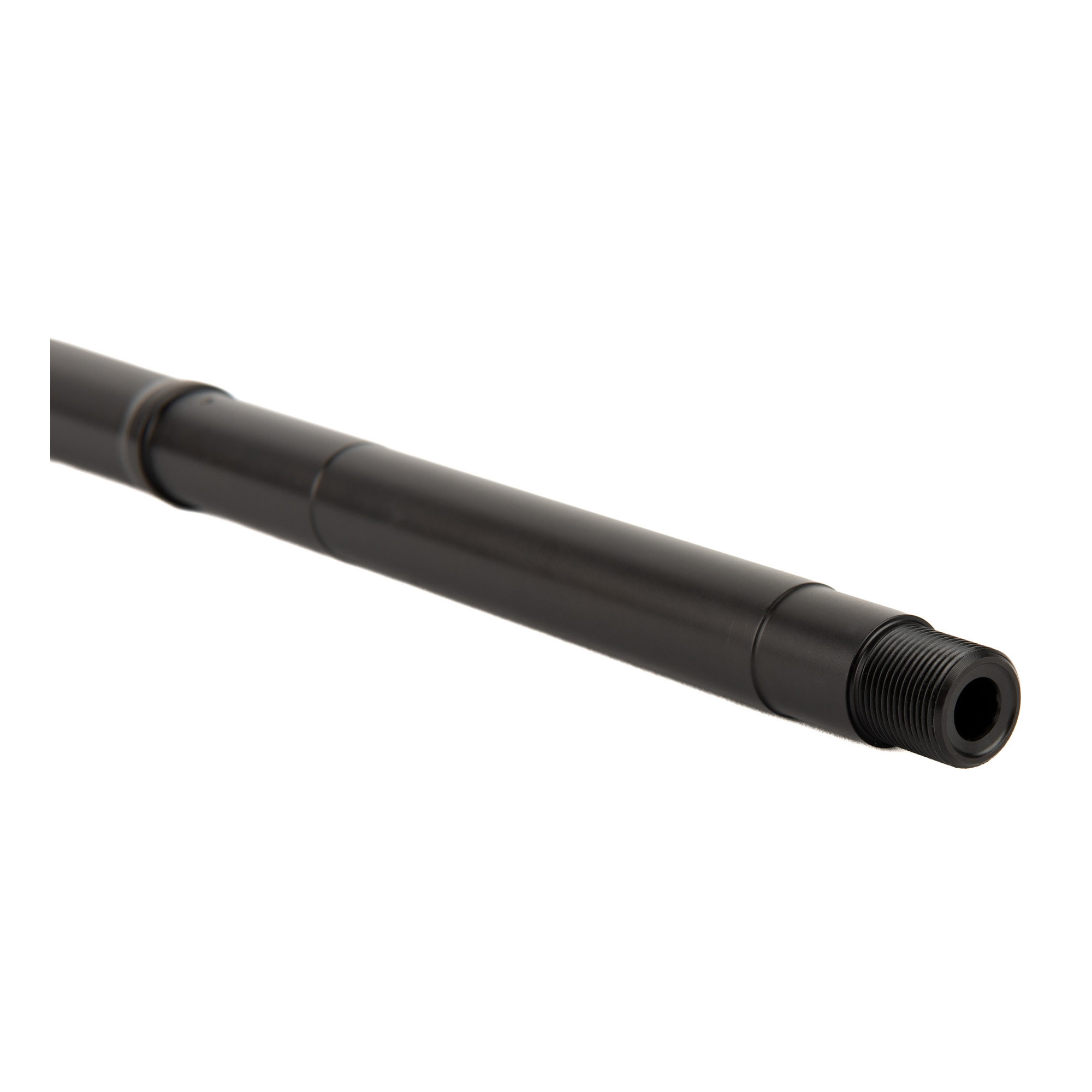 Close view of the threaded muzzle end of a black AR-10 barrel