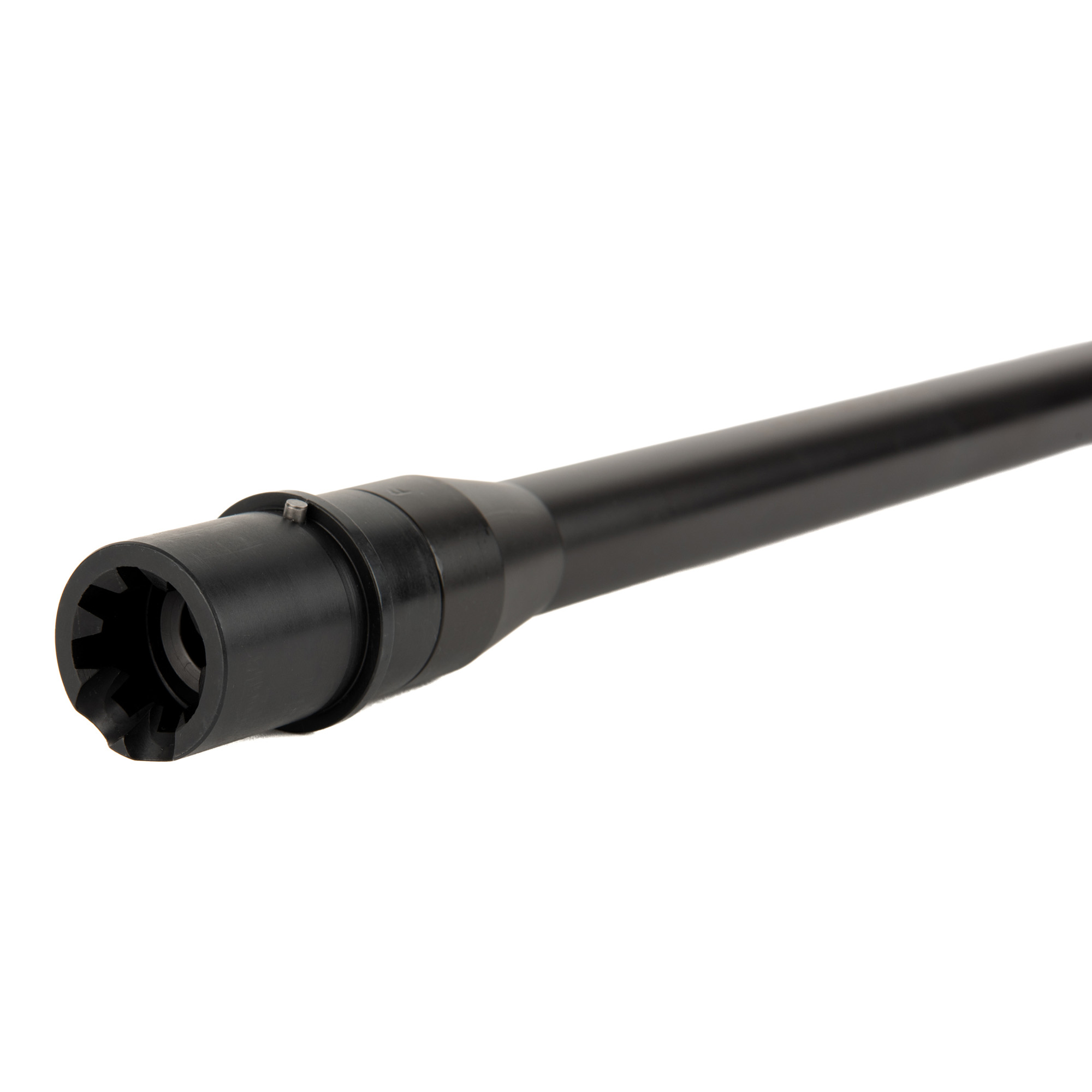 Black AR-10 barrel with a castellated muzzle device at the end