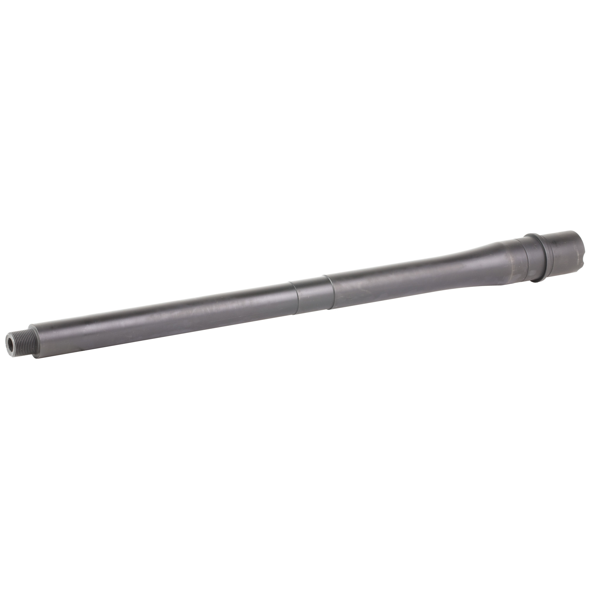 Stainless 16 inch 8.6 Blackout barrel with threaded muzzle and gas journal, angled view on white background