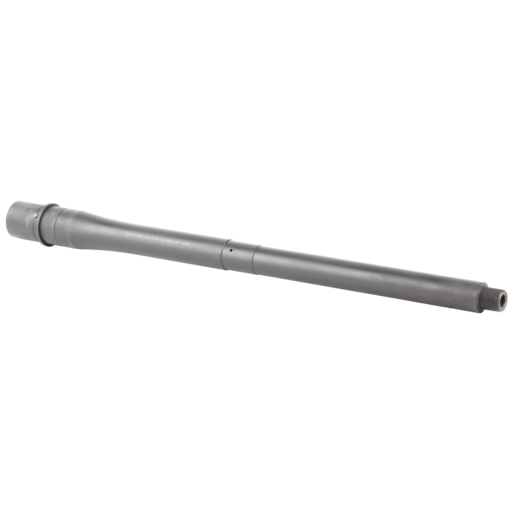 Dark gray 16 inch barrel with laser etching along the side, angled view showing threaded end