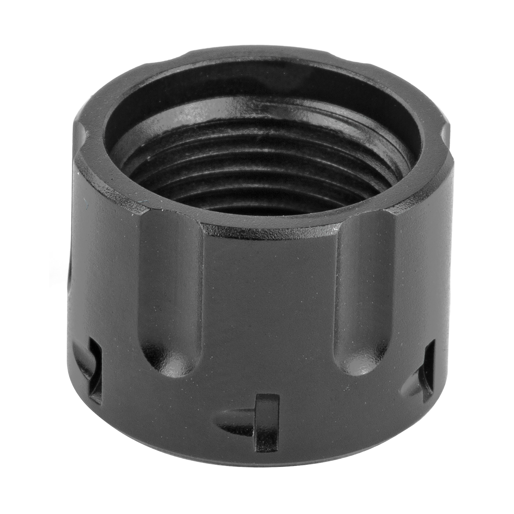 Black Backup Tactical revolver cylinder thread protector, angled view of the threaded end