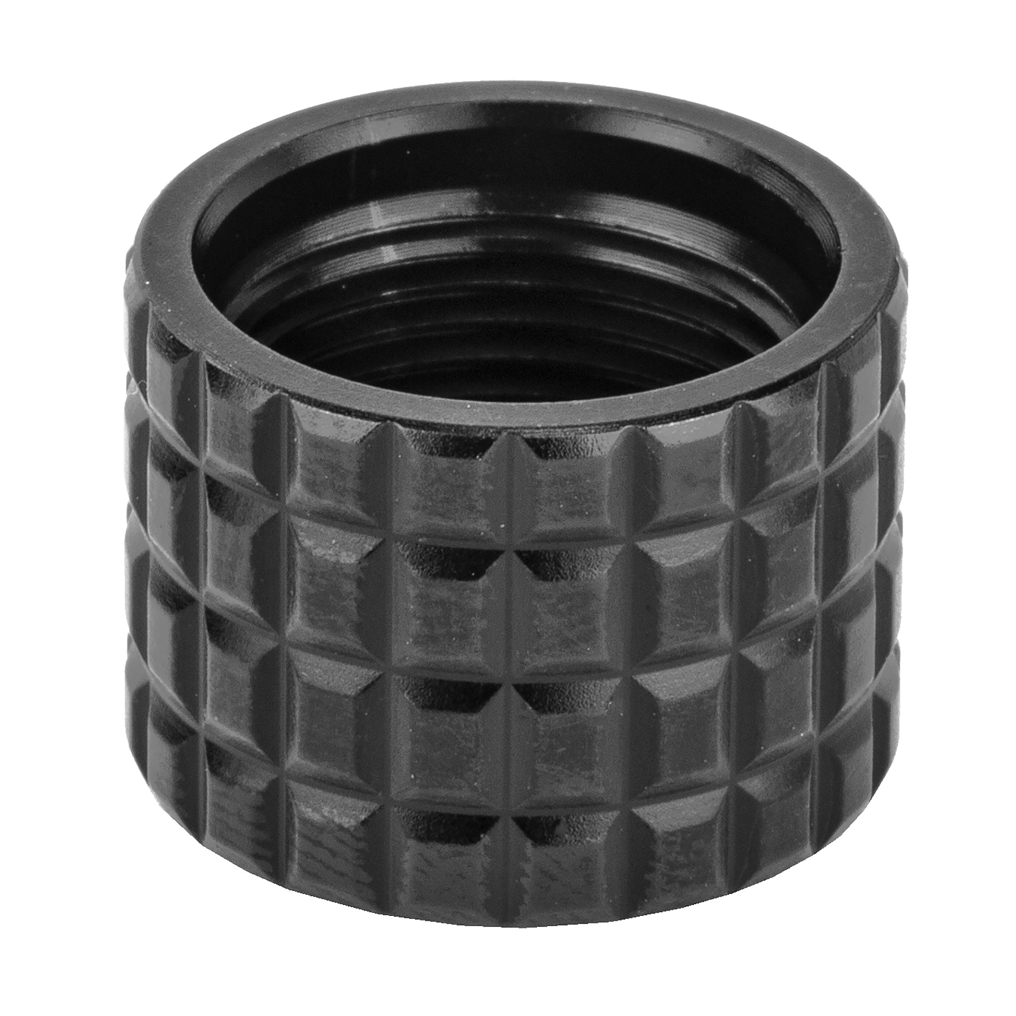Black knurled Backup Tactical Frag thread protector with frag pattern, threaded bore visible