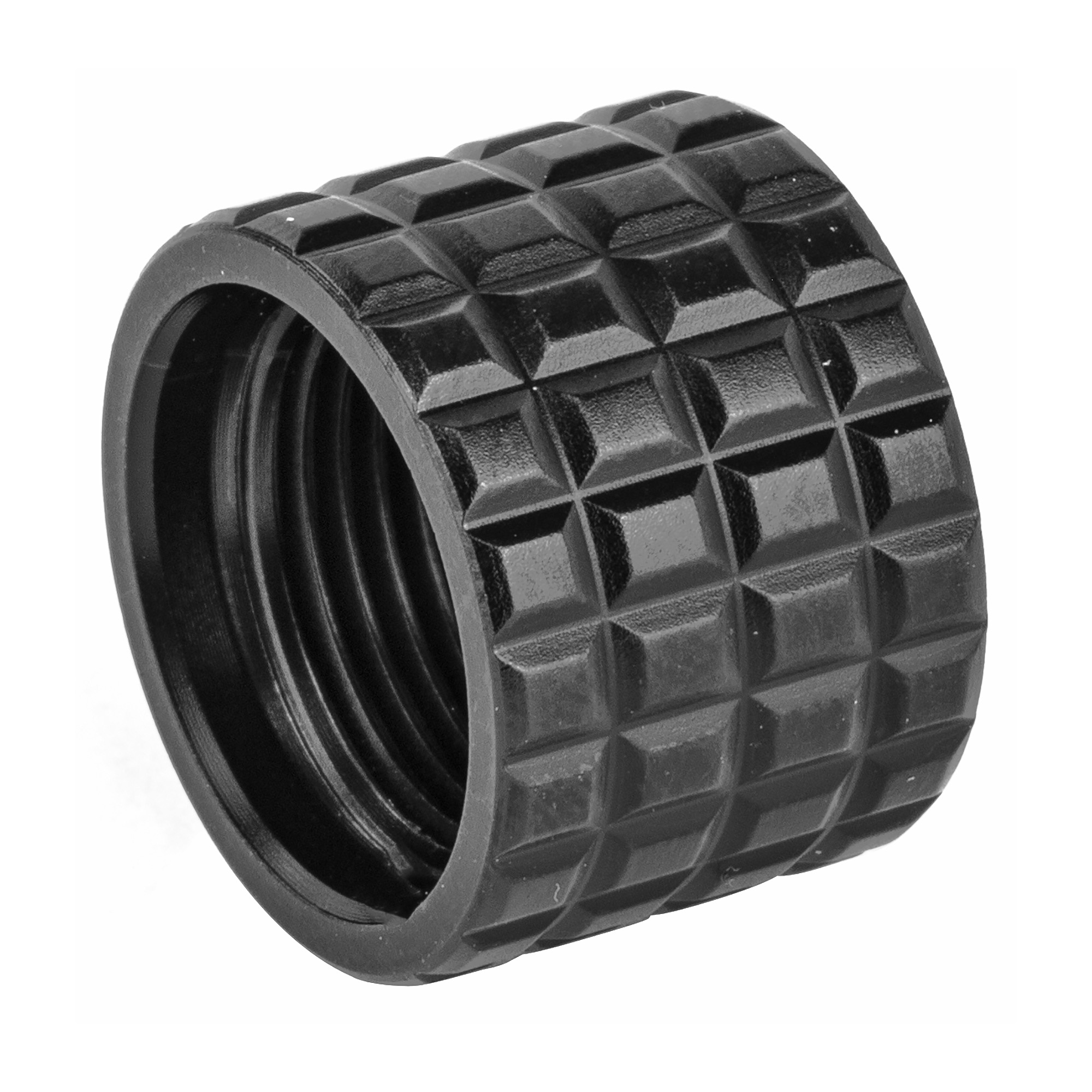 Angled view of black Backup Tactical Frag thread protector showing frag-pattern grip and internal threads
