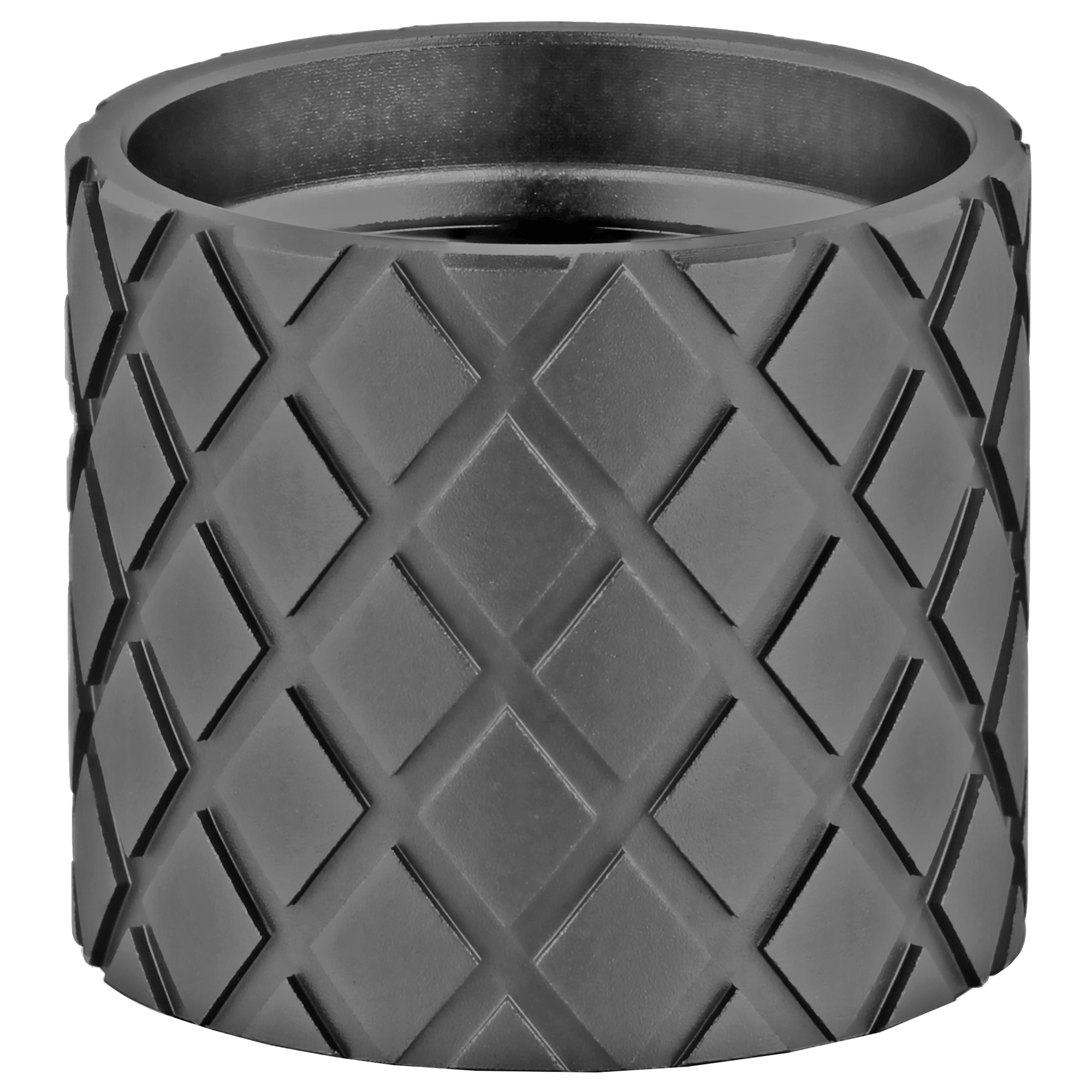 Black knurled thread protector with diamond hash mark pattern on the outside