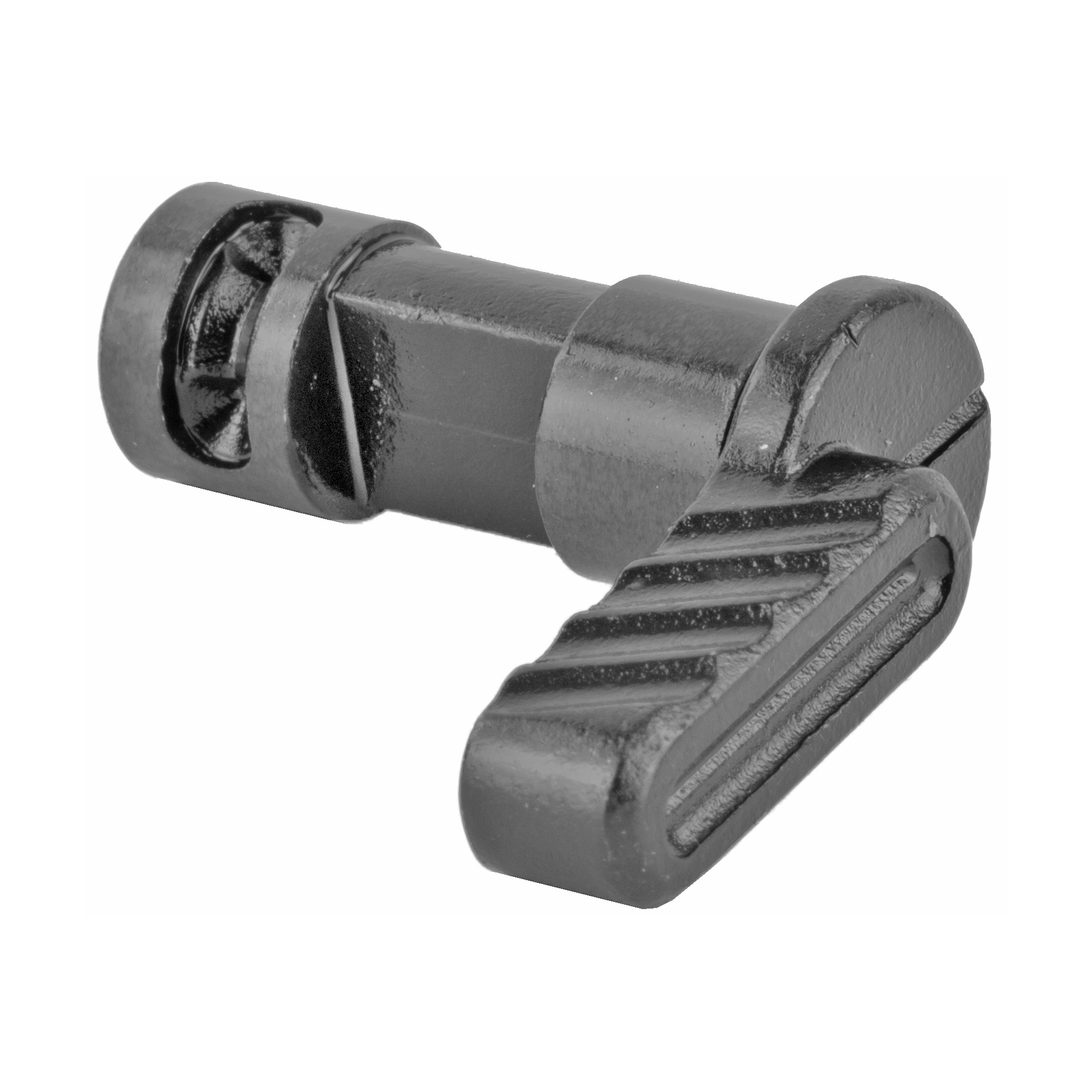 Black Battle Arms Development enhanced safety selector, angled view showing thumb tab