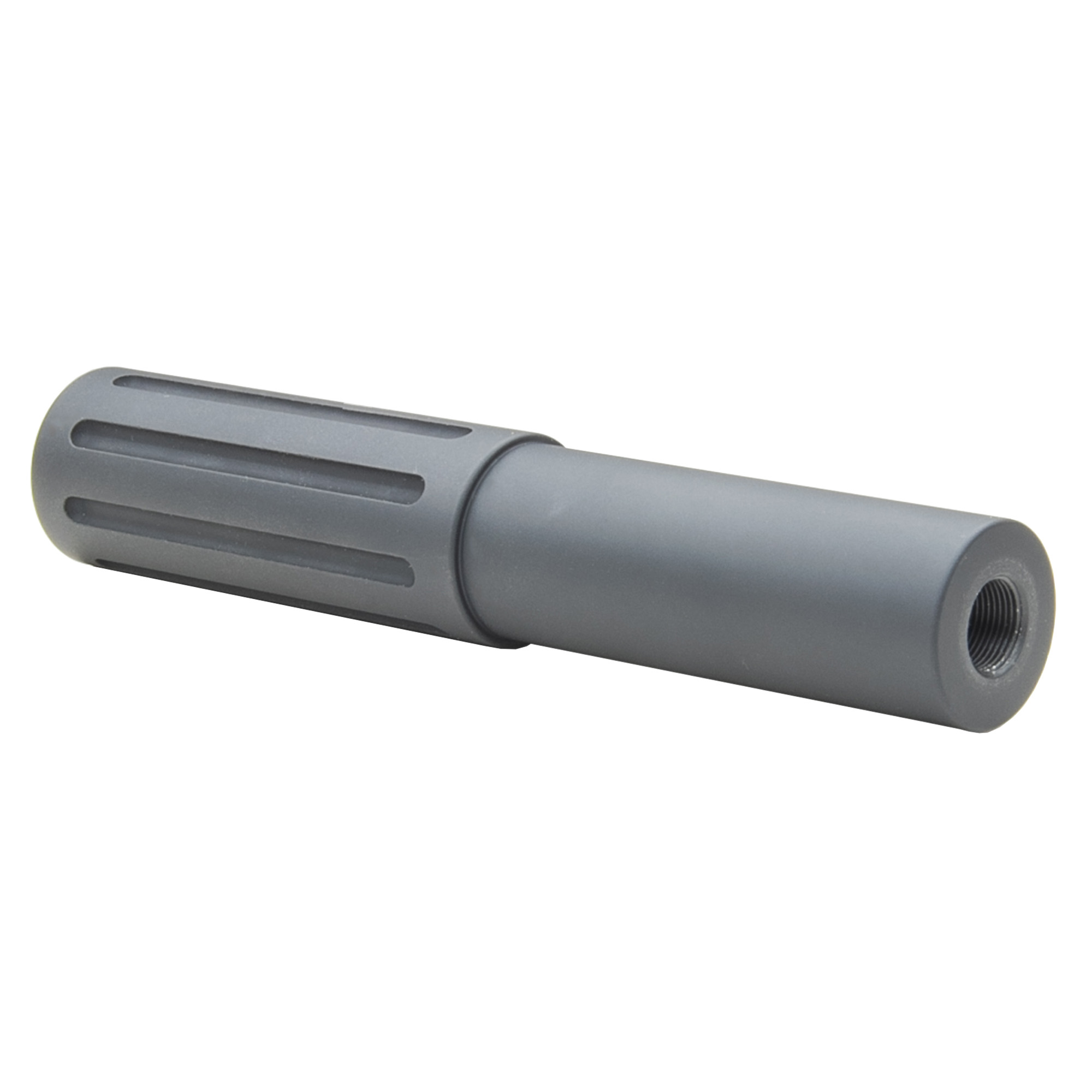 Black anodized faux suppressor with ribbed front section and smooth threaded rear end