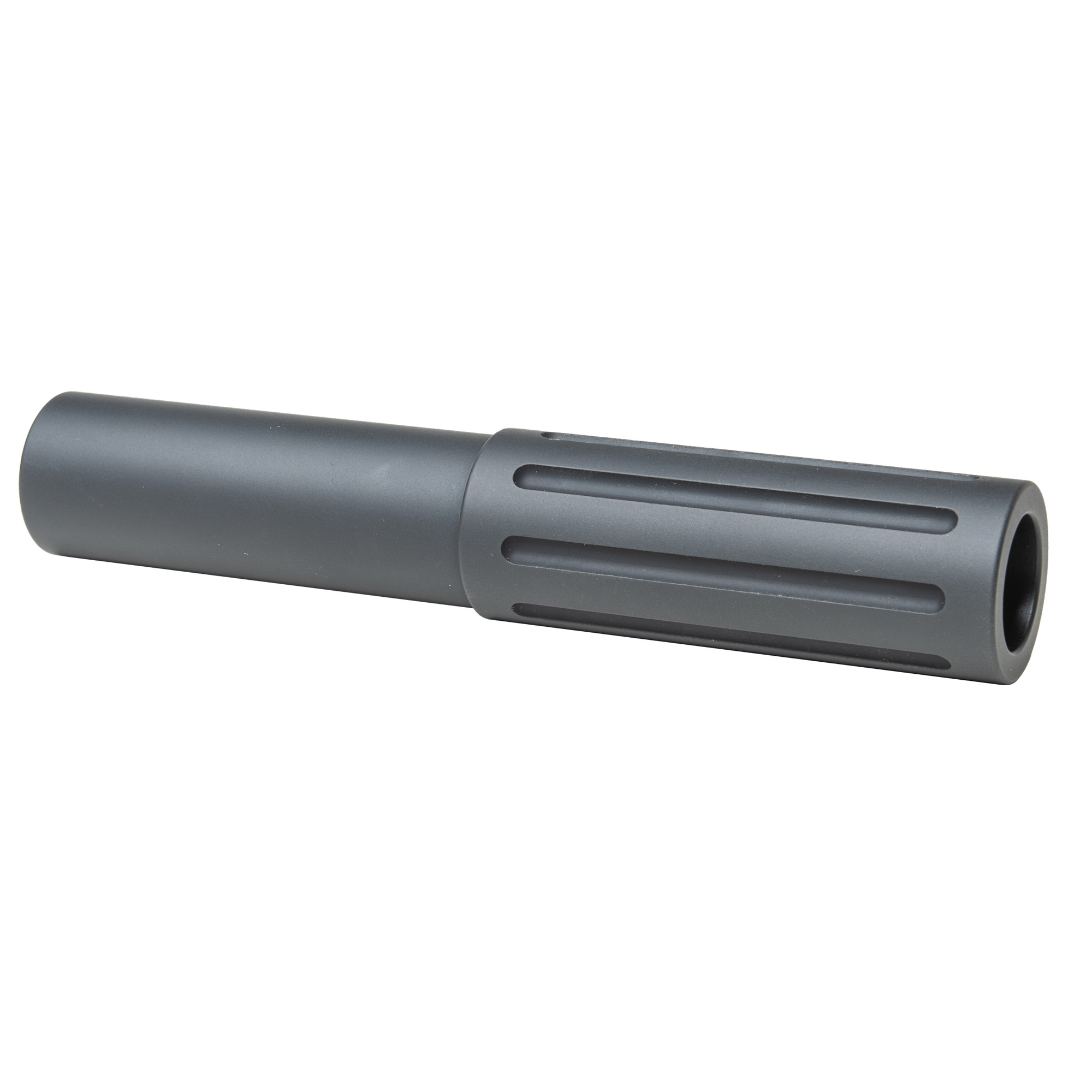 Black faux suppressor flash can with ribbed front section, angled side view