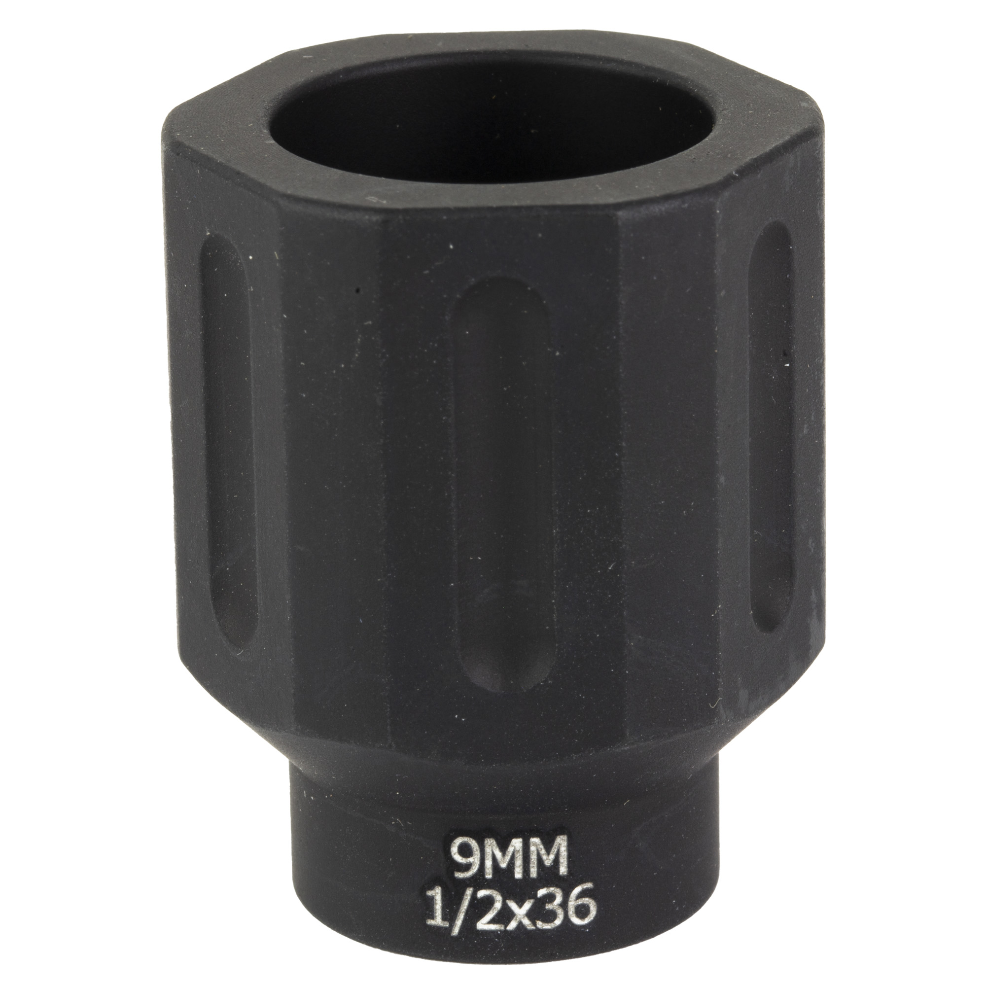 Black HEX flash can marked 9MM 1/2x36, front view