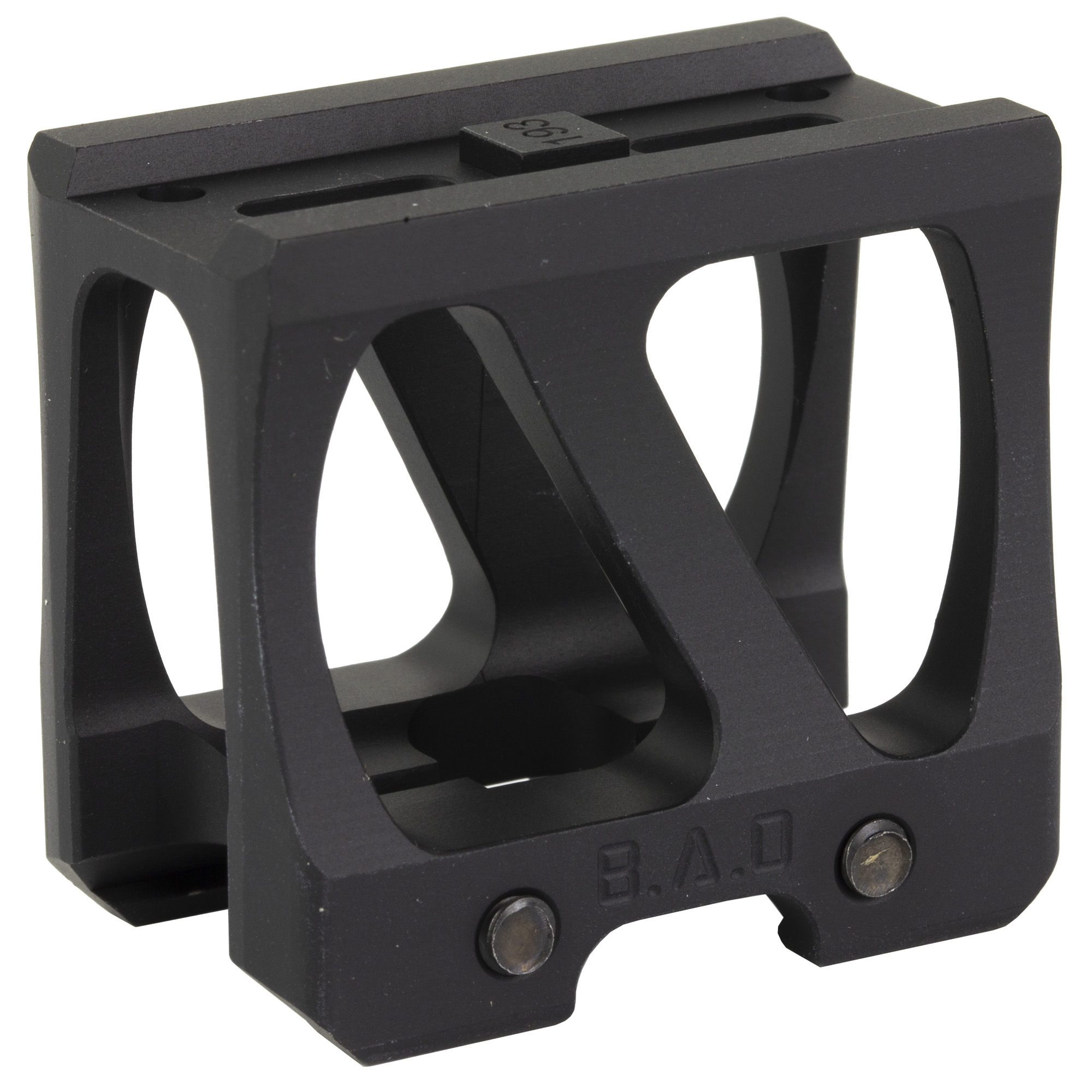 Black Battle Arms Development Aimpoint optic mount, angled view showing the B.A.D. logo and rear rail