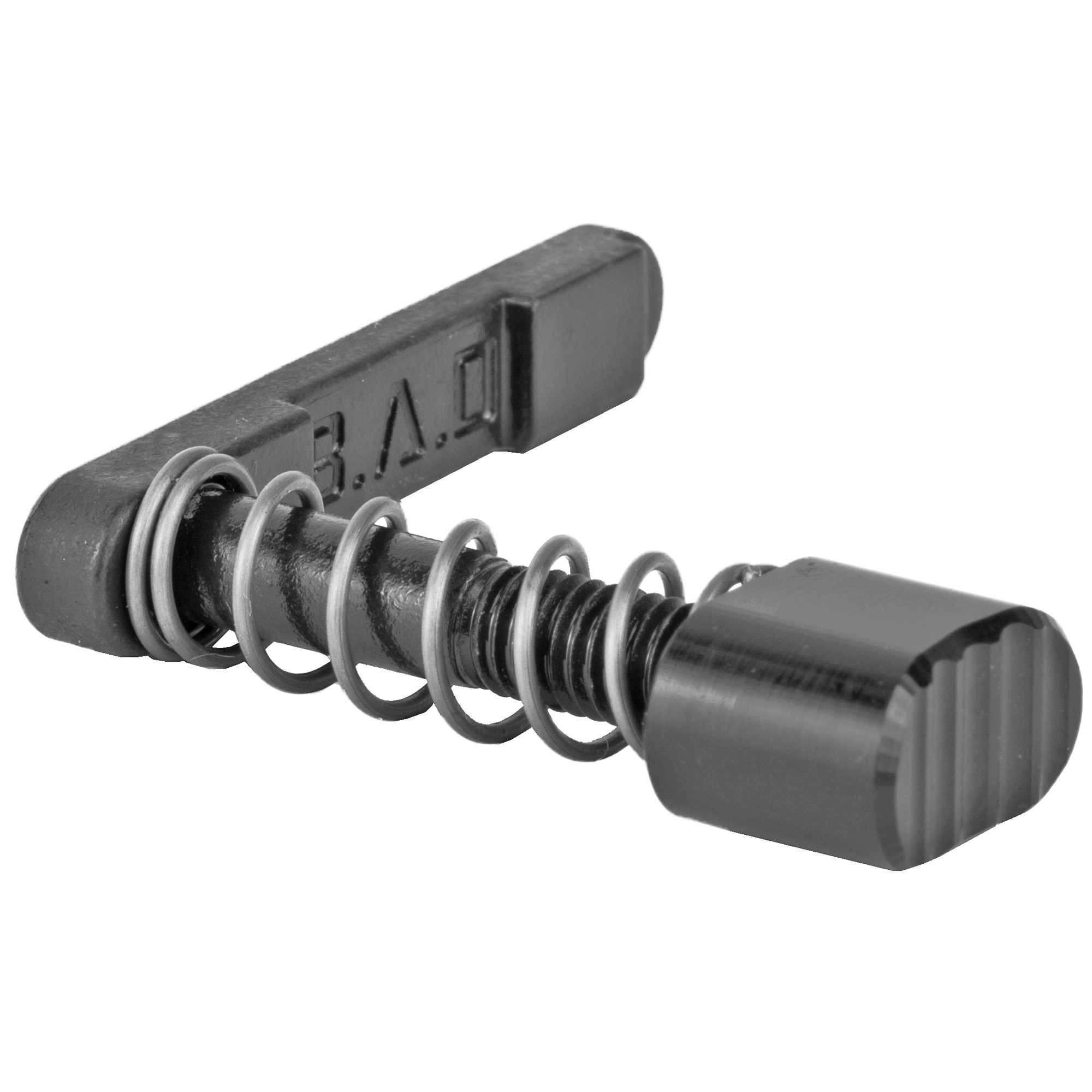 Angled view of black BAD Mod 1 magazine release lever, spring and plunger