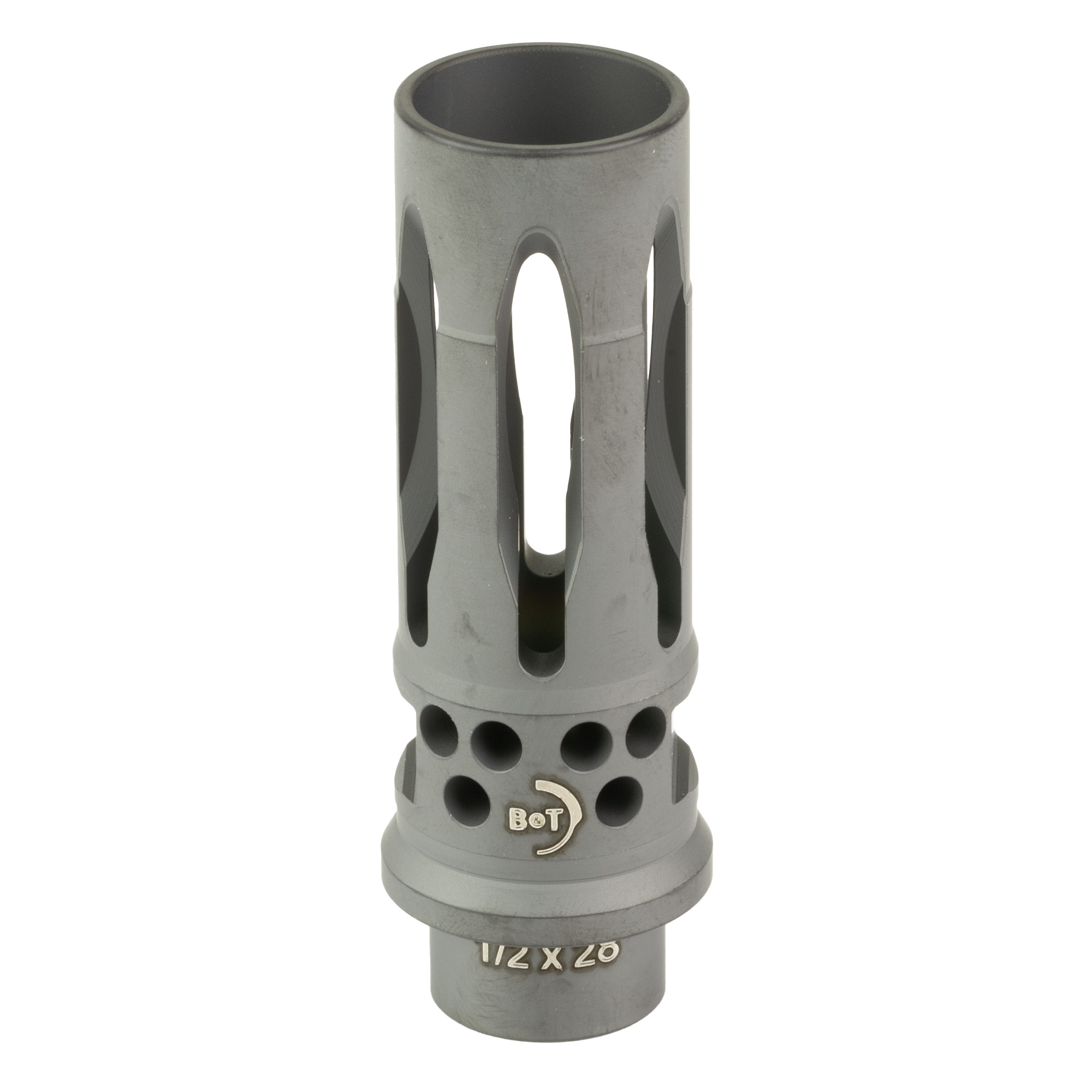 B&T closed tine compensator, gray with slotted tines and 1/2x28 threaded end