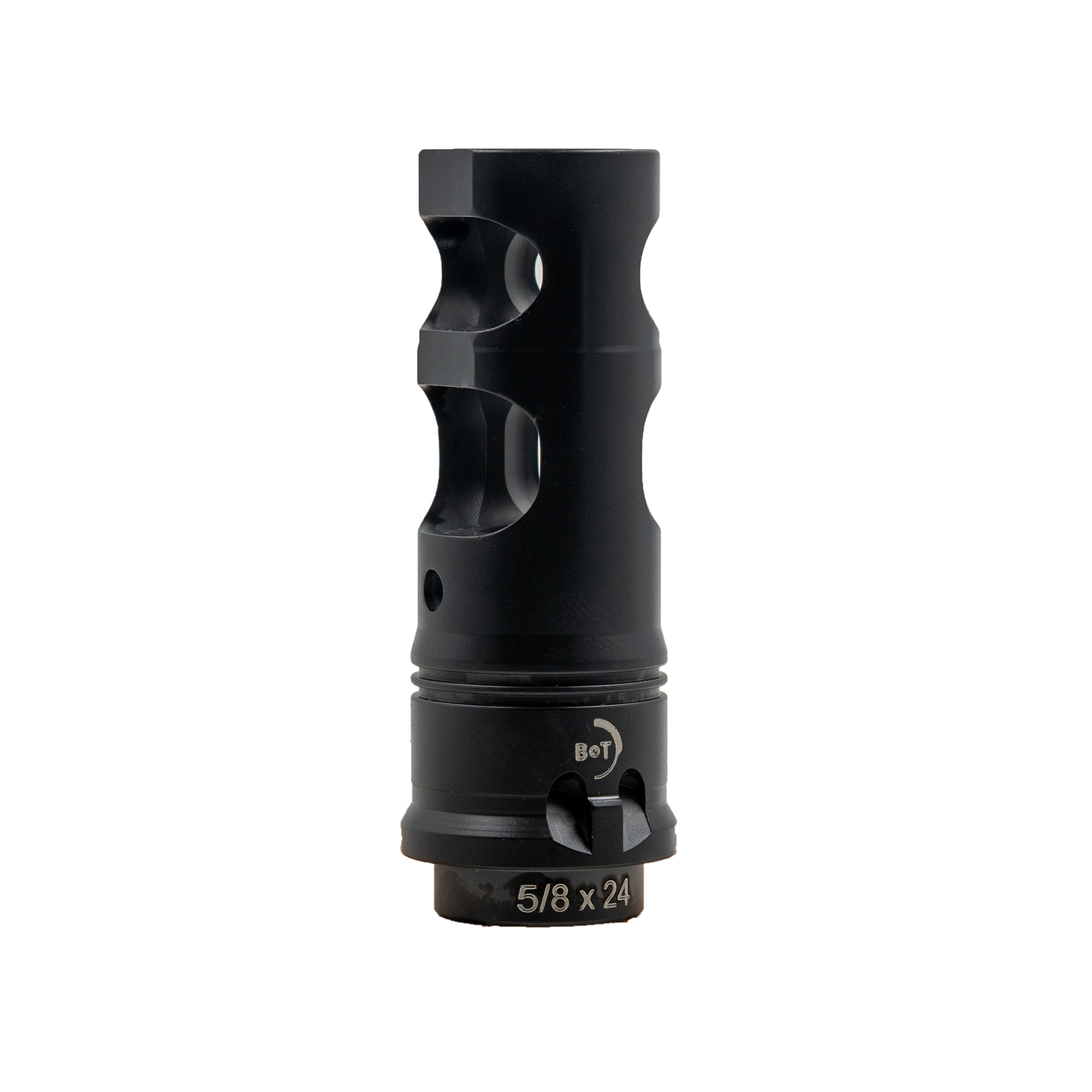 Black B&T Rotex-SF muzzle brake front view showing the 5/8x24 thread marking