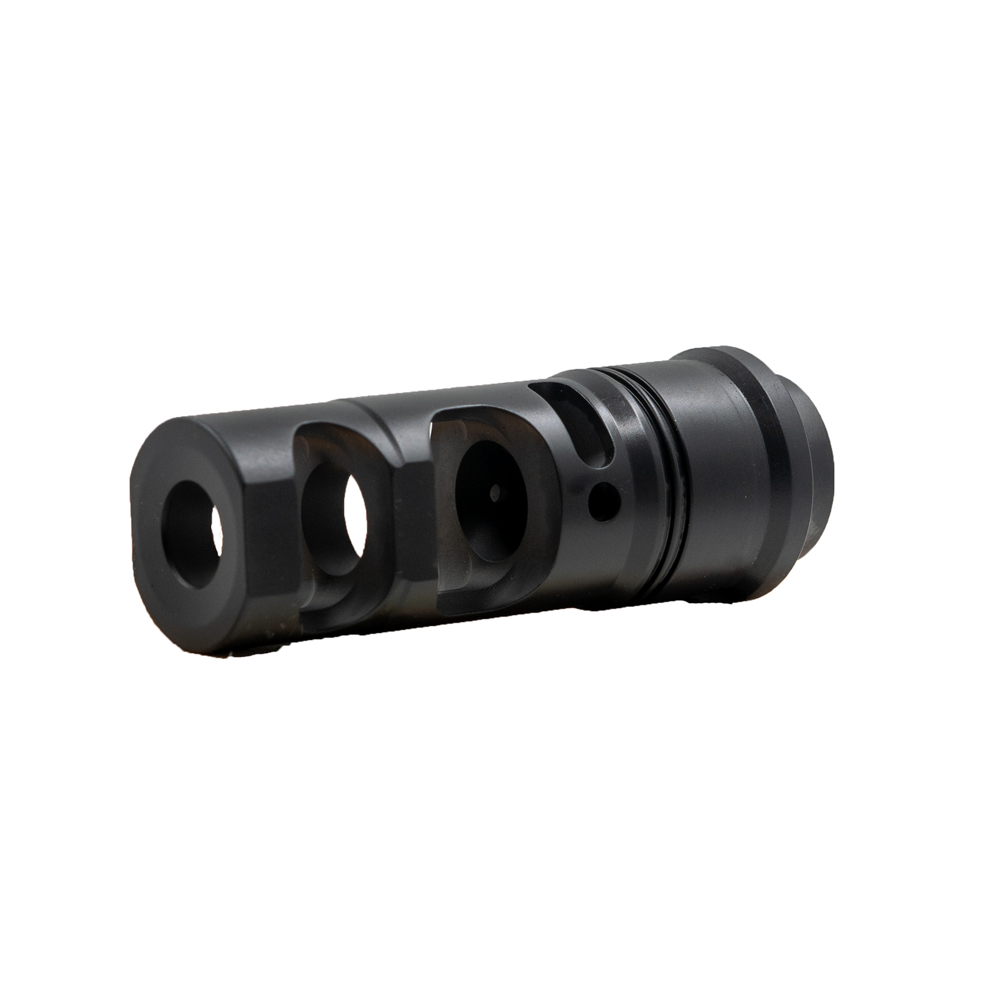 Angled view of black B&T Rotex-SF muzzle brake showing side ports