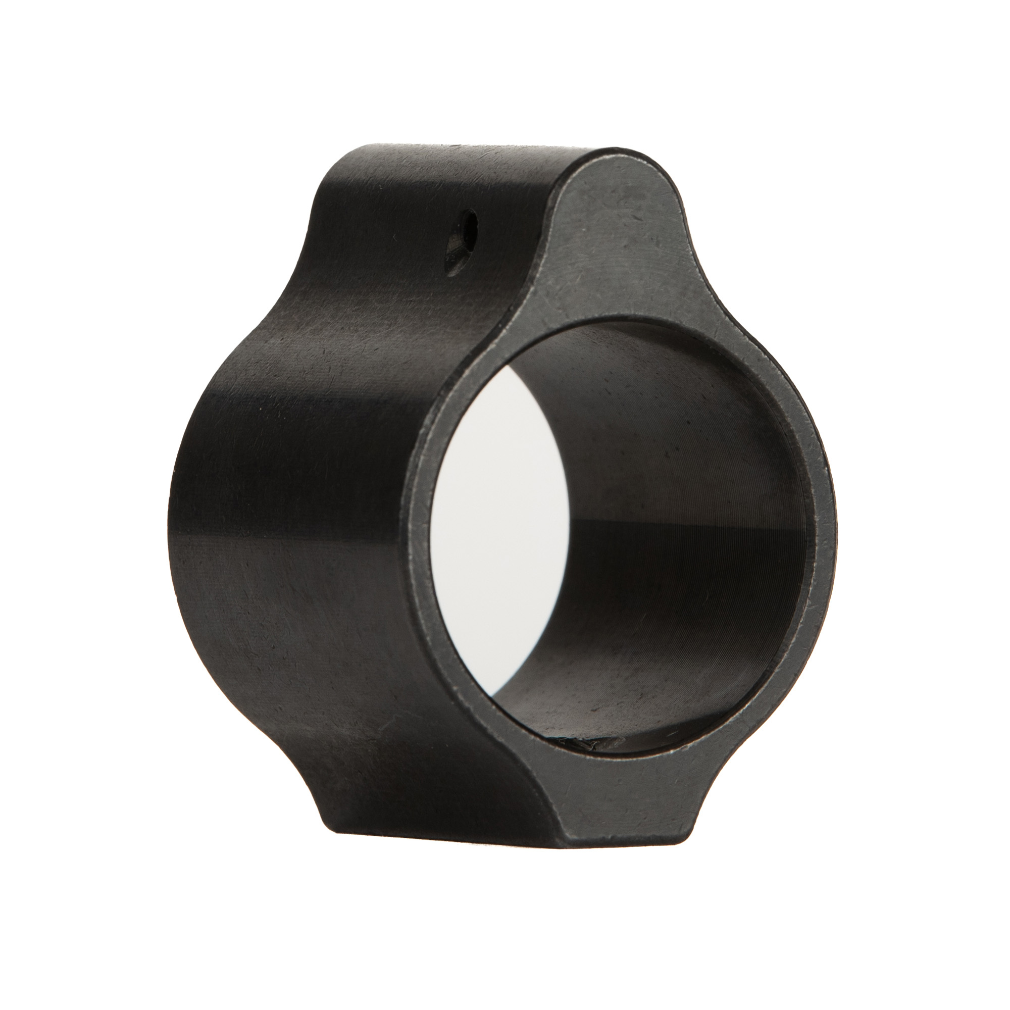 Black low-profile AR-15 gas block with set screw hole, front angle view