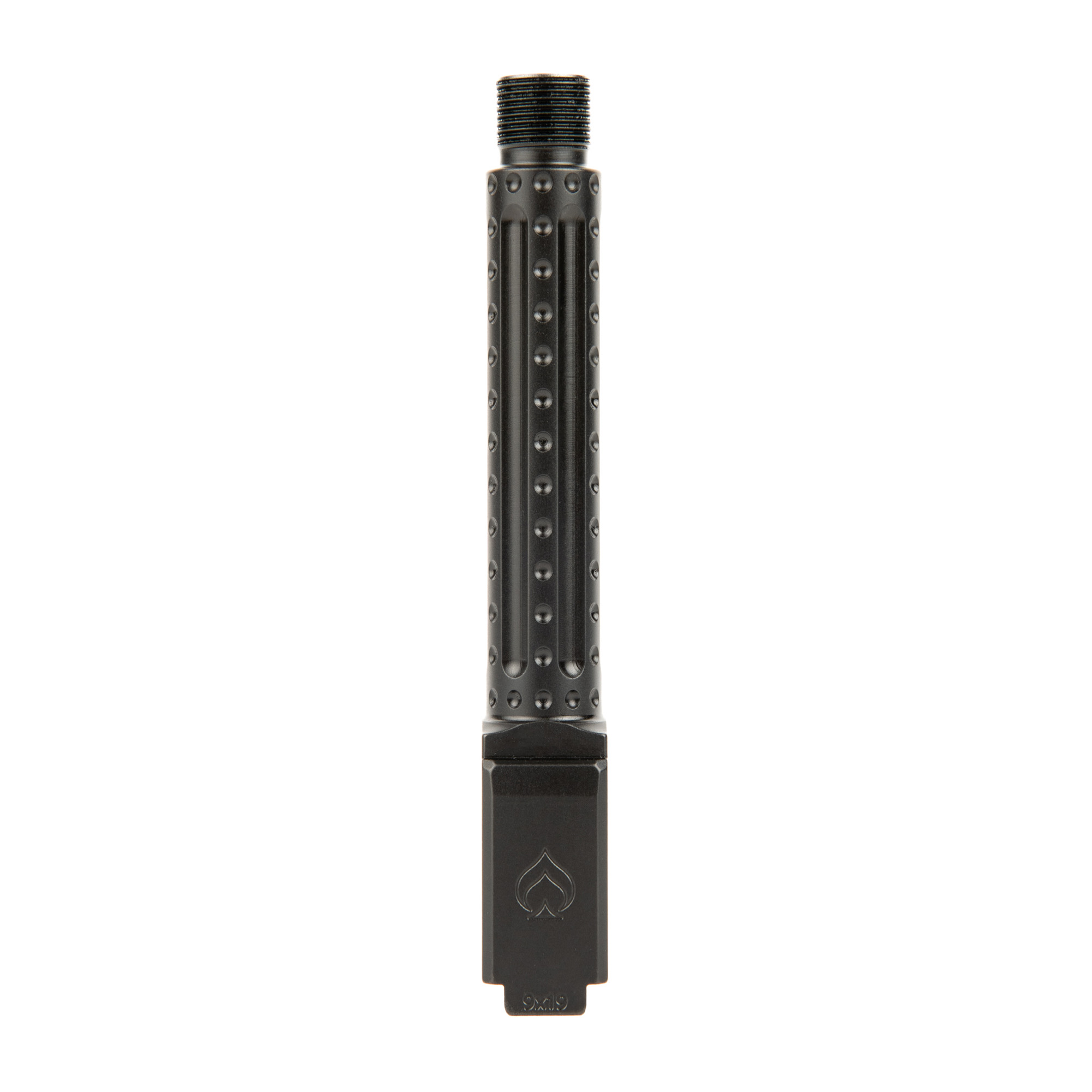 Black threaded 9mm pistol barrel with bomber fluting and 9x19 marking on the lug