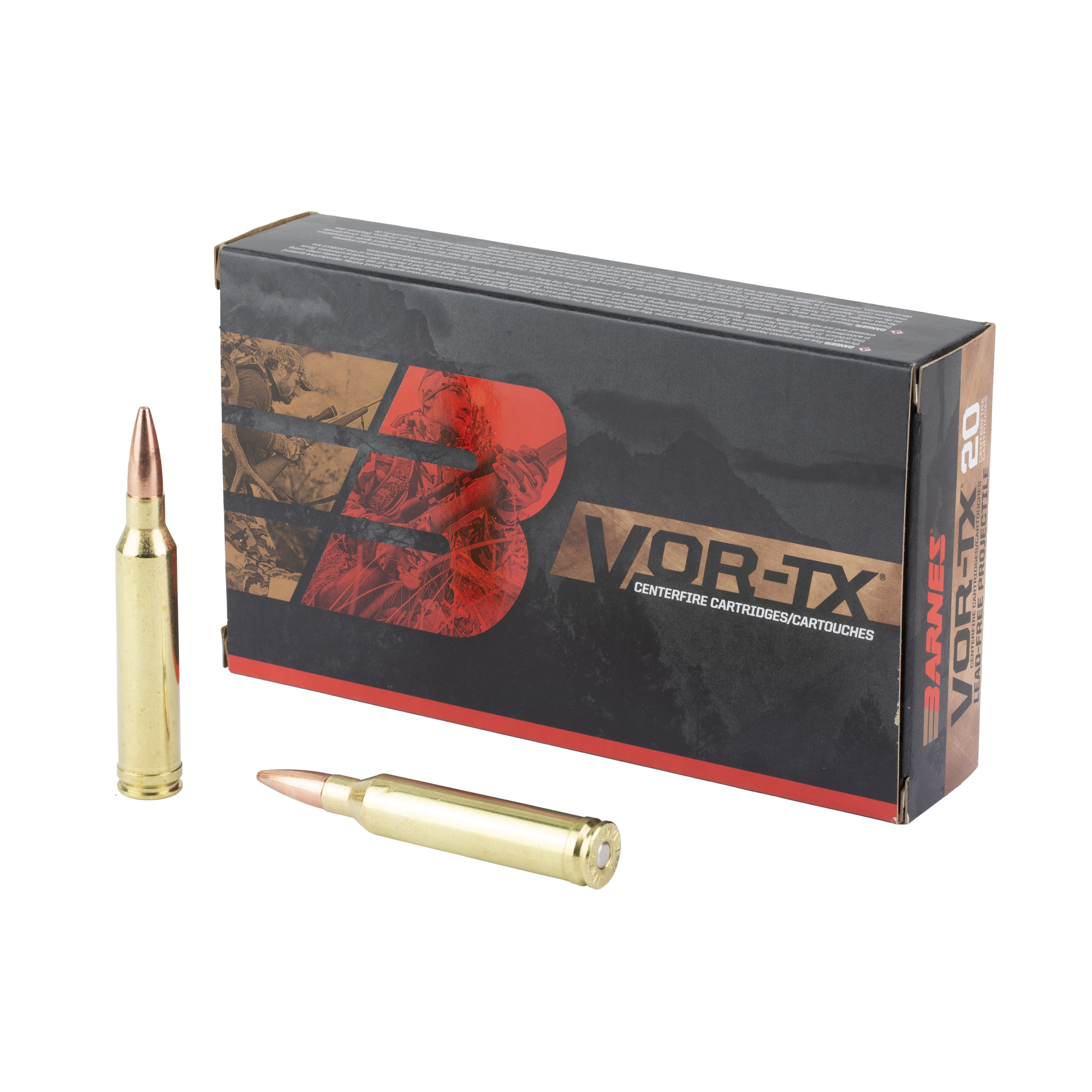 Barnes VOR-TX 20-round box with two cartridges standing beside it