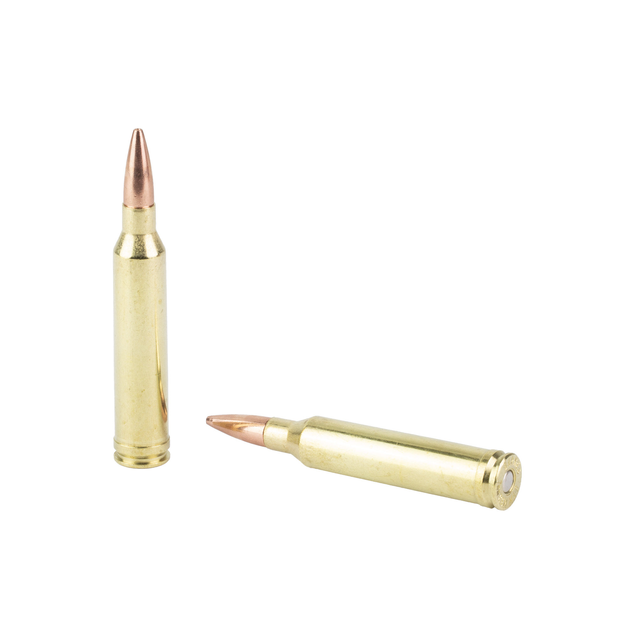 Two Barnes 7mm Remington Magnum cartridges with copper boat tail bullets and brass cases