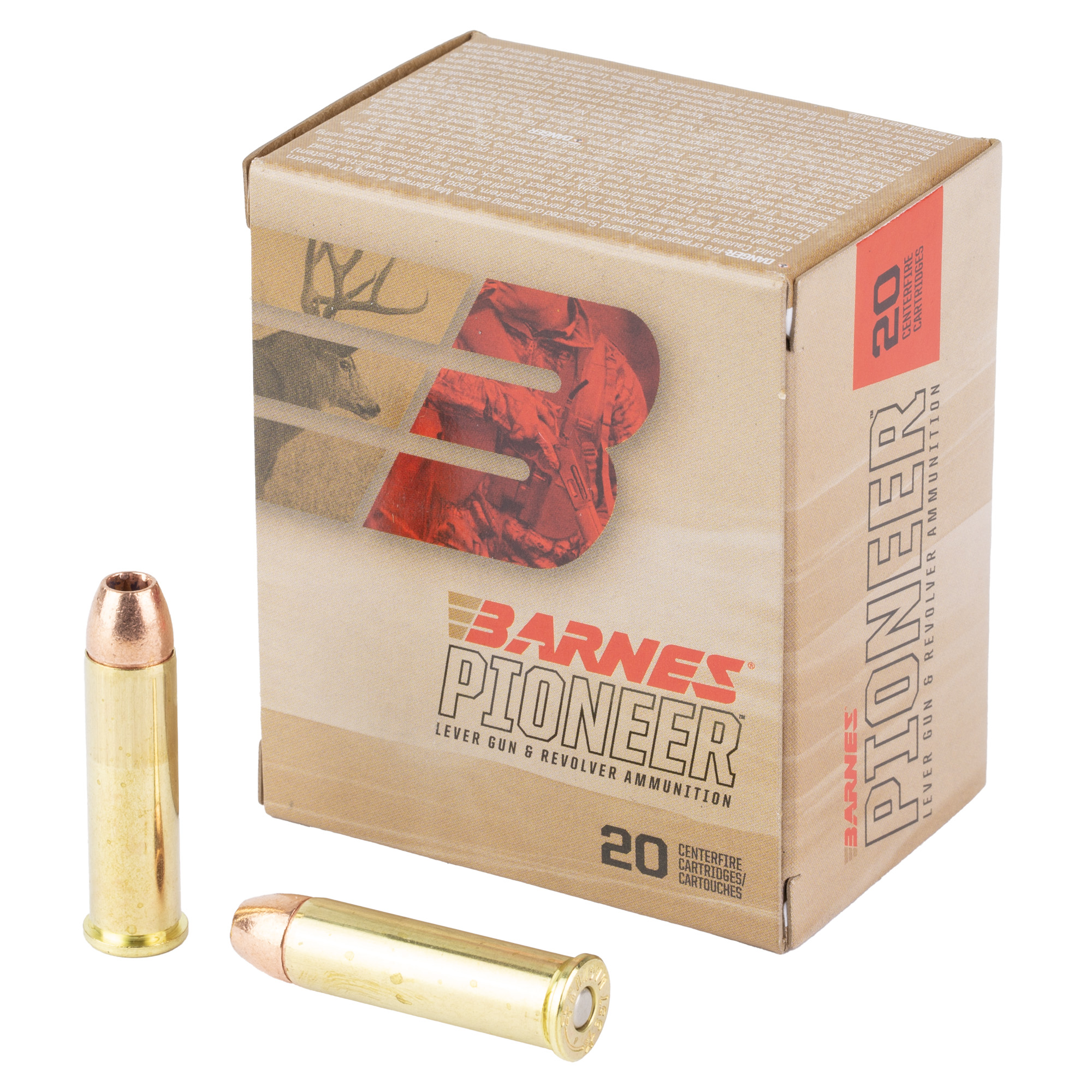 Barnes Pioneer .357 Magnum ammunition box with two cartridges in front