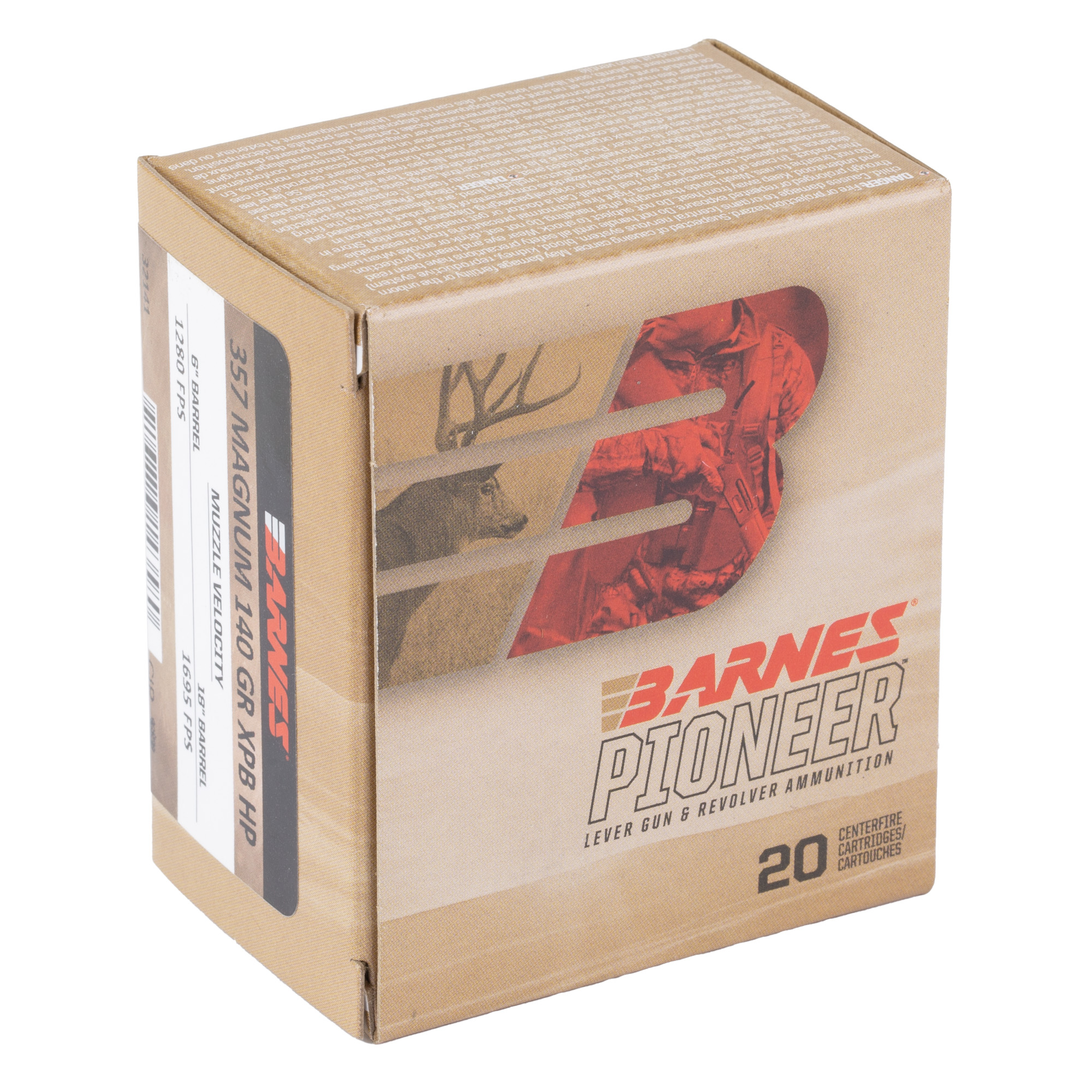 Barnes Pioneer 357 Magnum 140 gr ammunition box side with ballistics label
