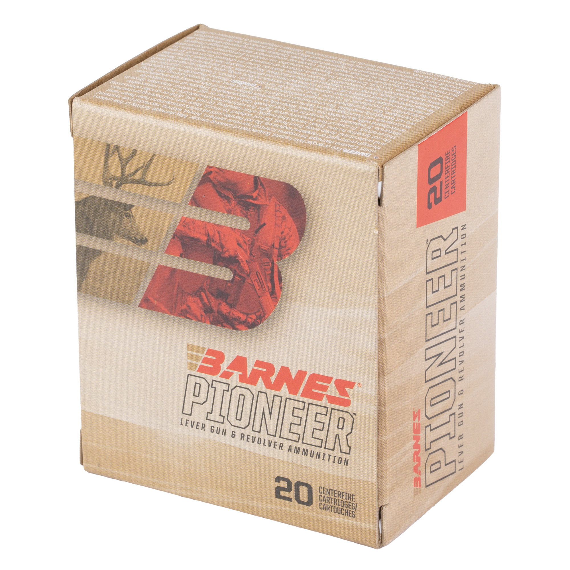 Barnes Pioneer ammunition box, 20 centerfire cartridges, angled view