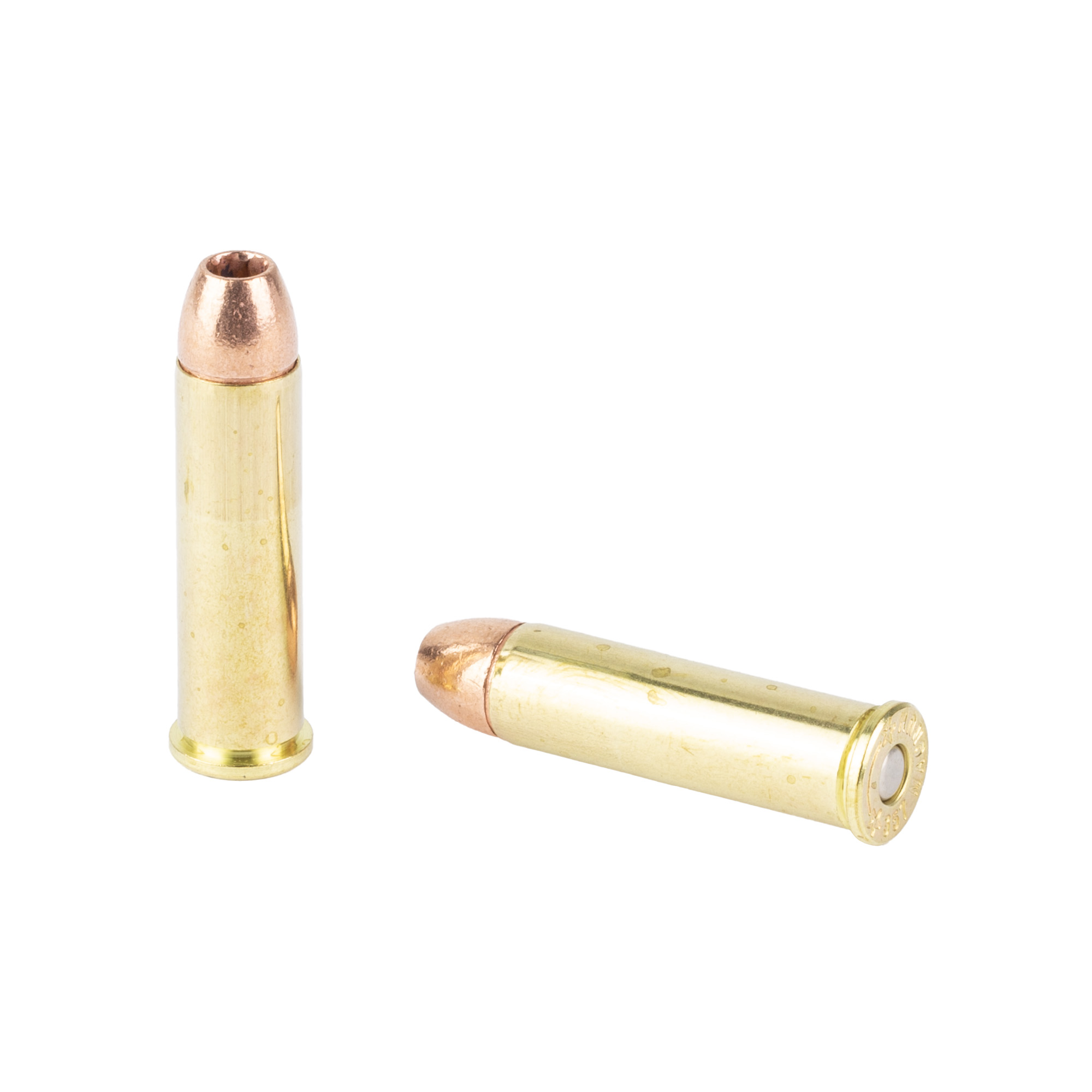 Two Barnes Pioneer .357 Magnum cartridges with copper flat nose bullets