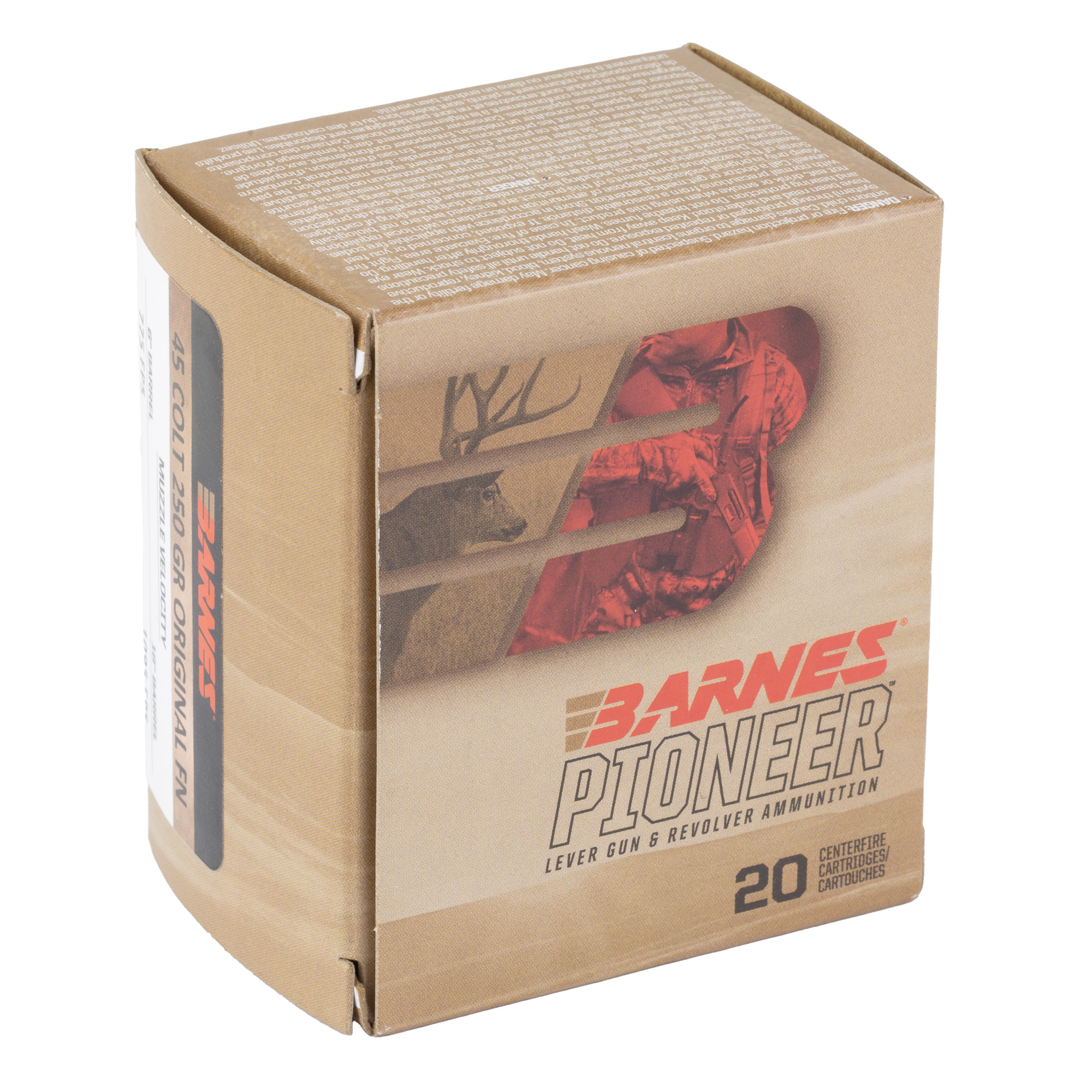 Barnes Pioneer 45 Colt 250 grain ammunition box, side view