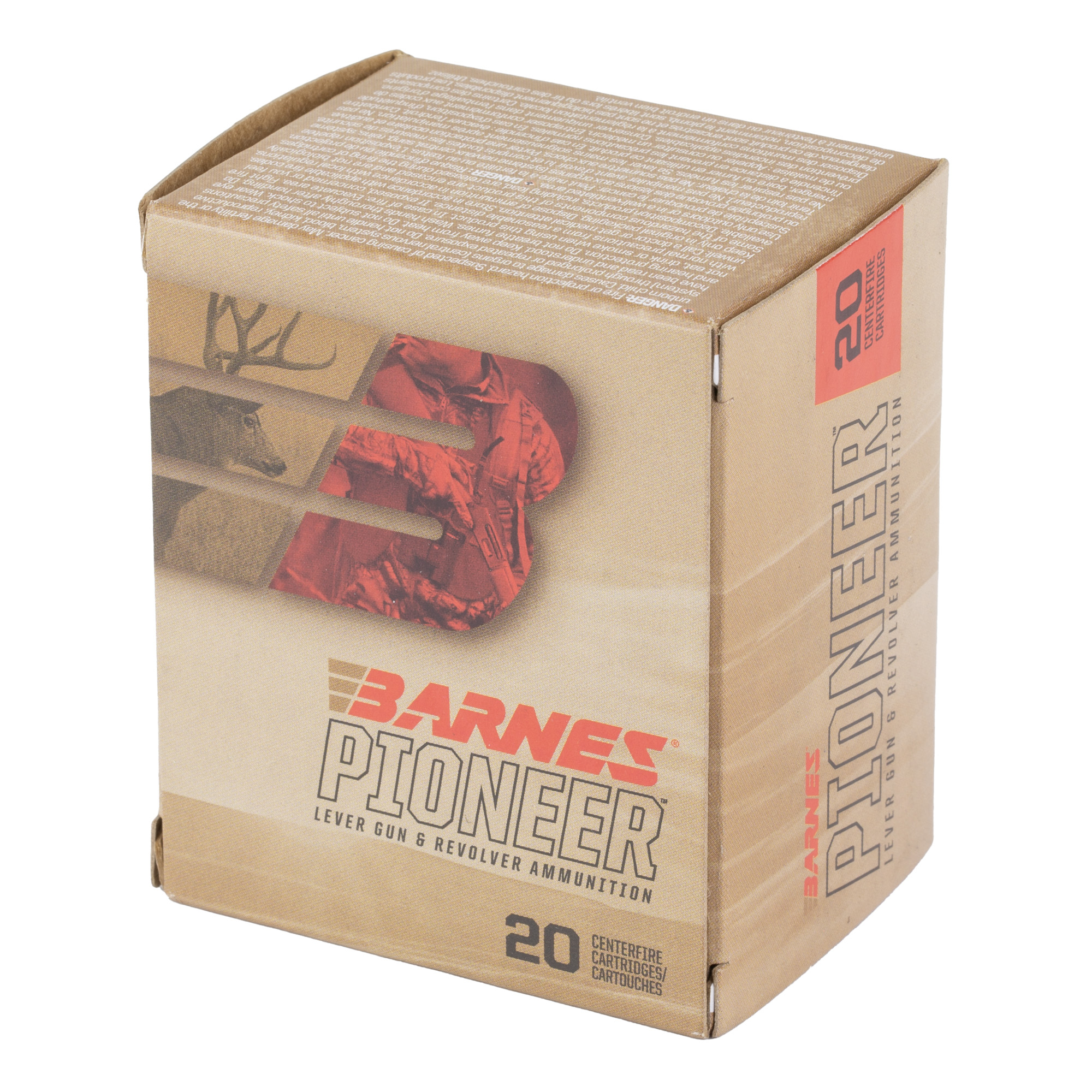 Barnes Pioneer ammunition box, angled view showing 20 count