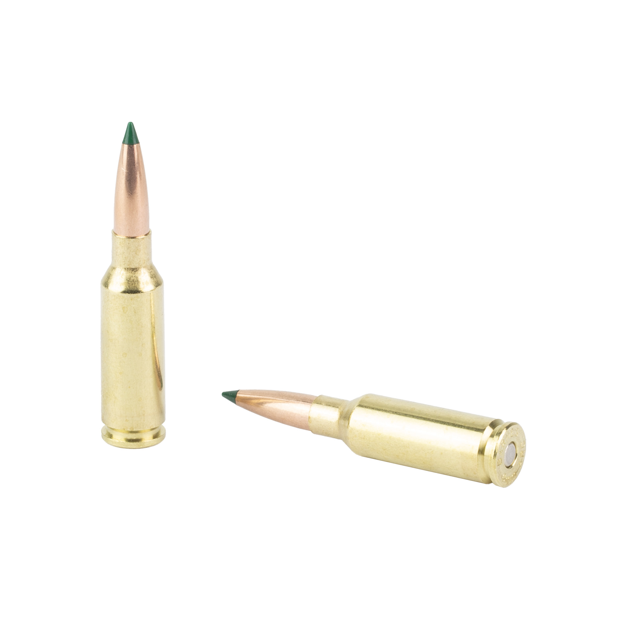 Two Barnes 6mm ARC cartridges with green tipped bullets, one standing and one lying down