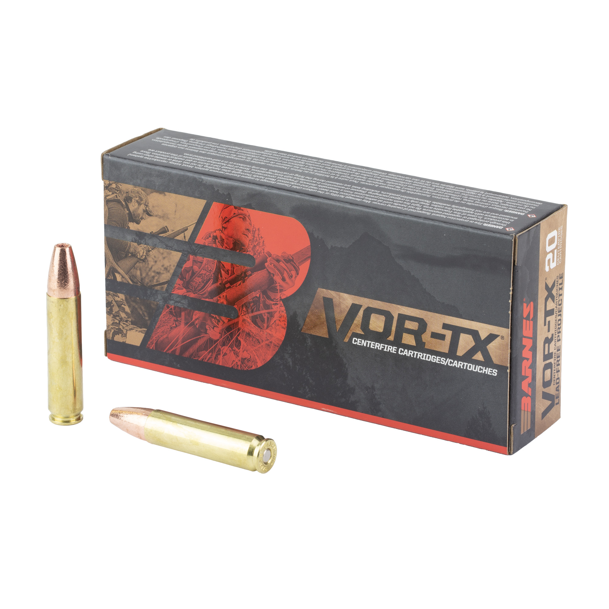 Barnes VOR-TX centerfire ammunition box with two cartridges laid beside it