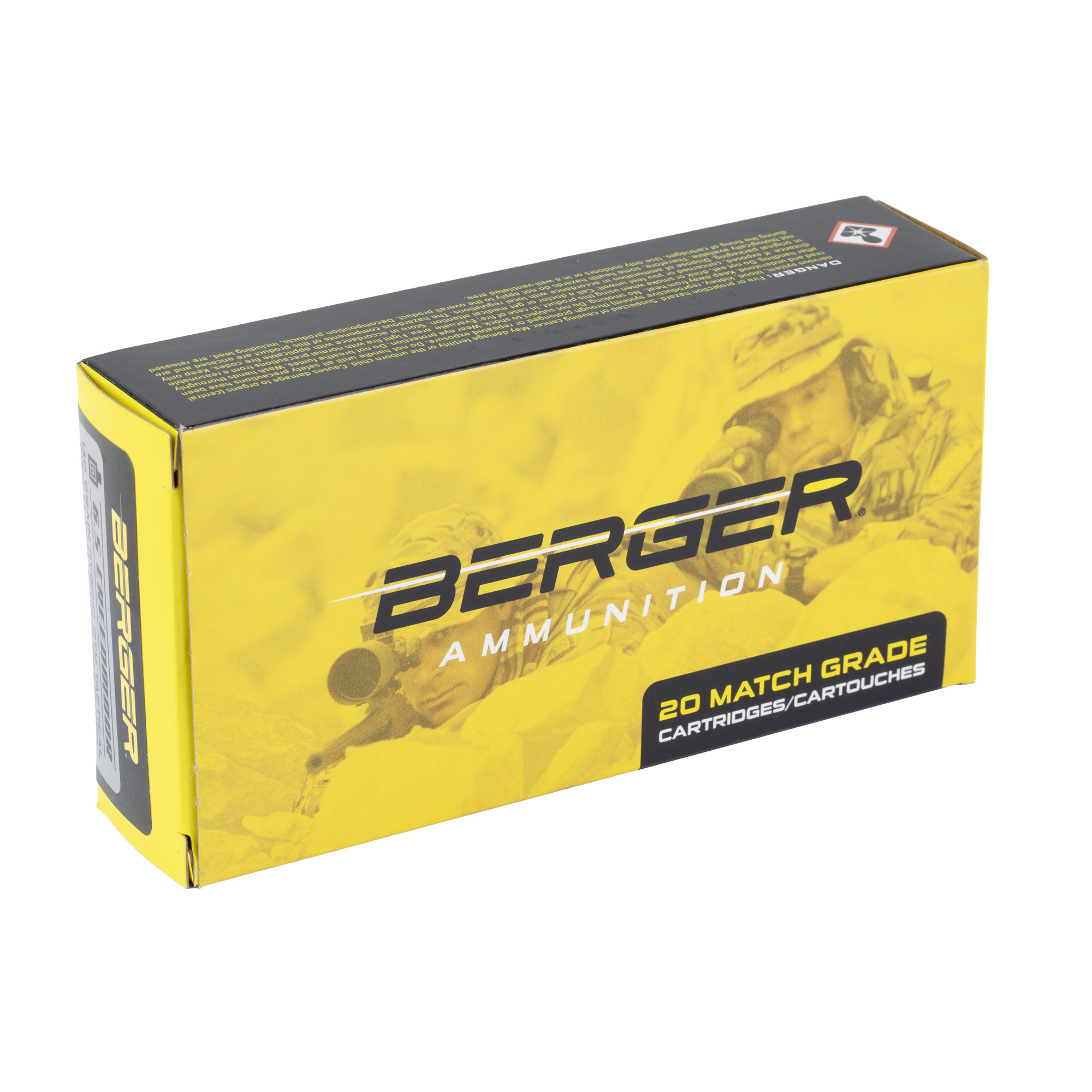 Side view of Berger Ammunition 20 Match Grade cardboard box
