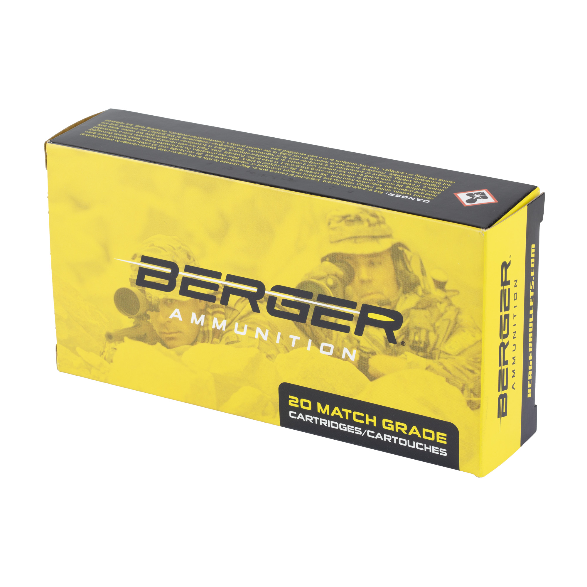 Angled view of Berger Ammunition 20 Match Grade box, yellow and black