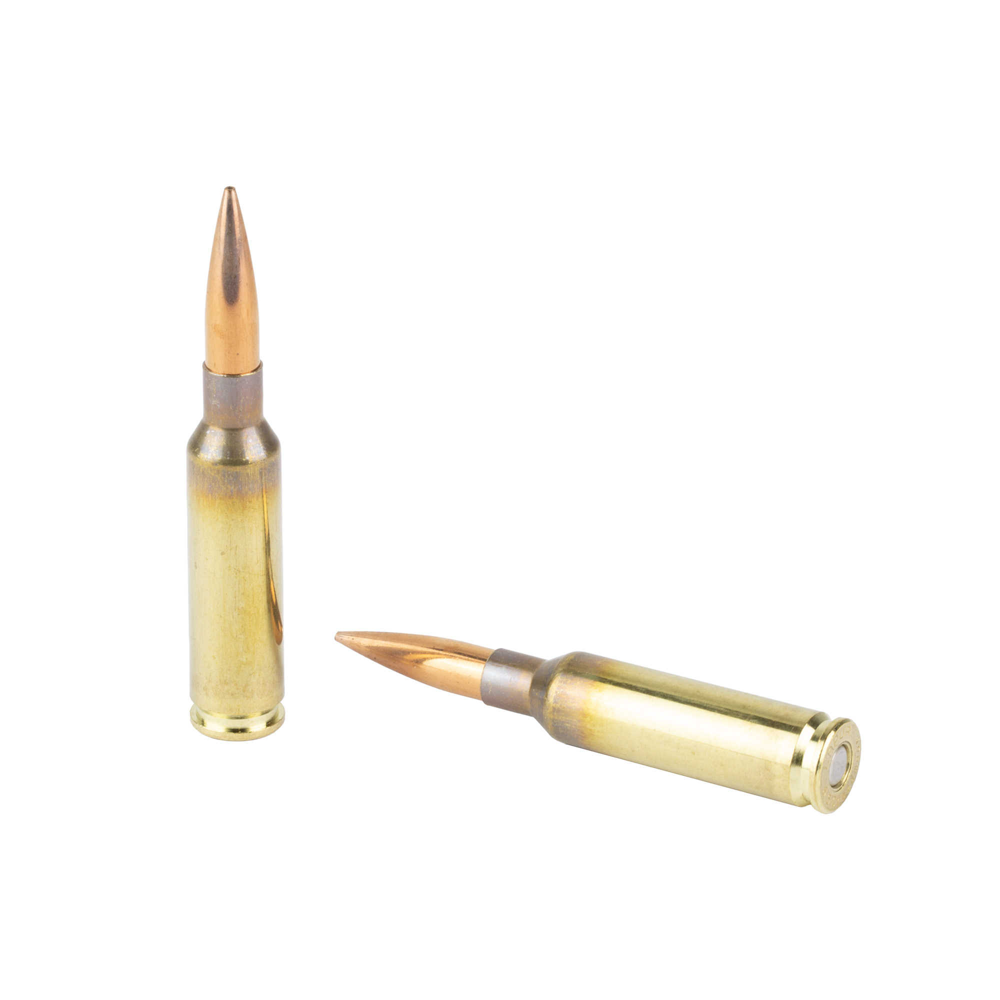 Two loose Berger 6.5 Creedmoor cartridges with copper open tip bullets on white background
