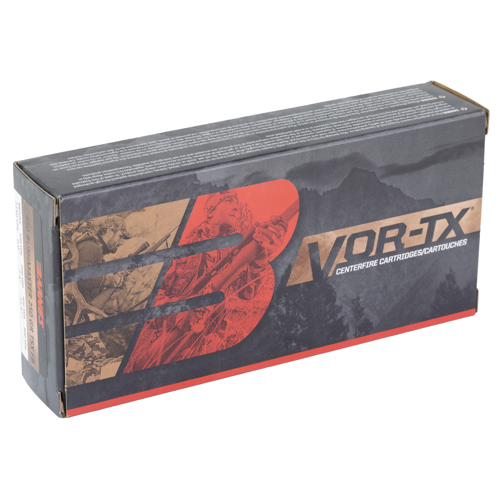 Barnes VOR-TX box showing 450 Bushmaster 250 gr TSX label on end