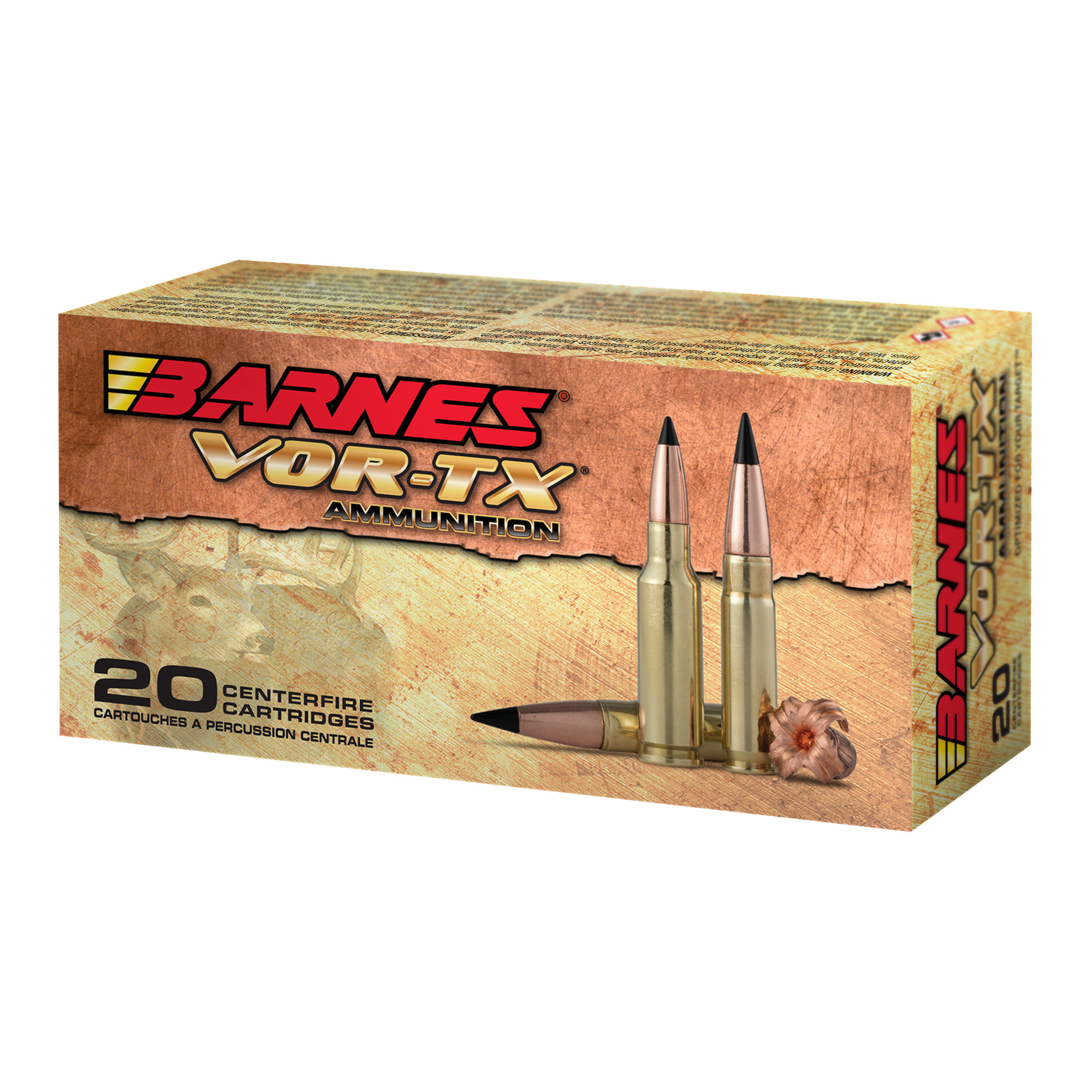 Barnes VOR-TX 20 round ammunition box with two cartridges and a bullet