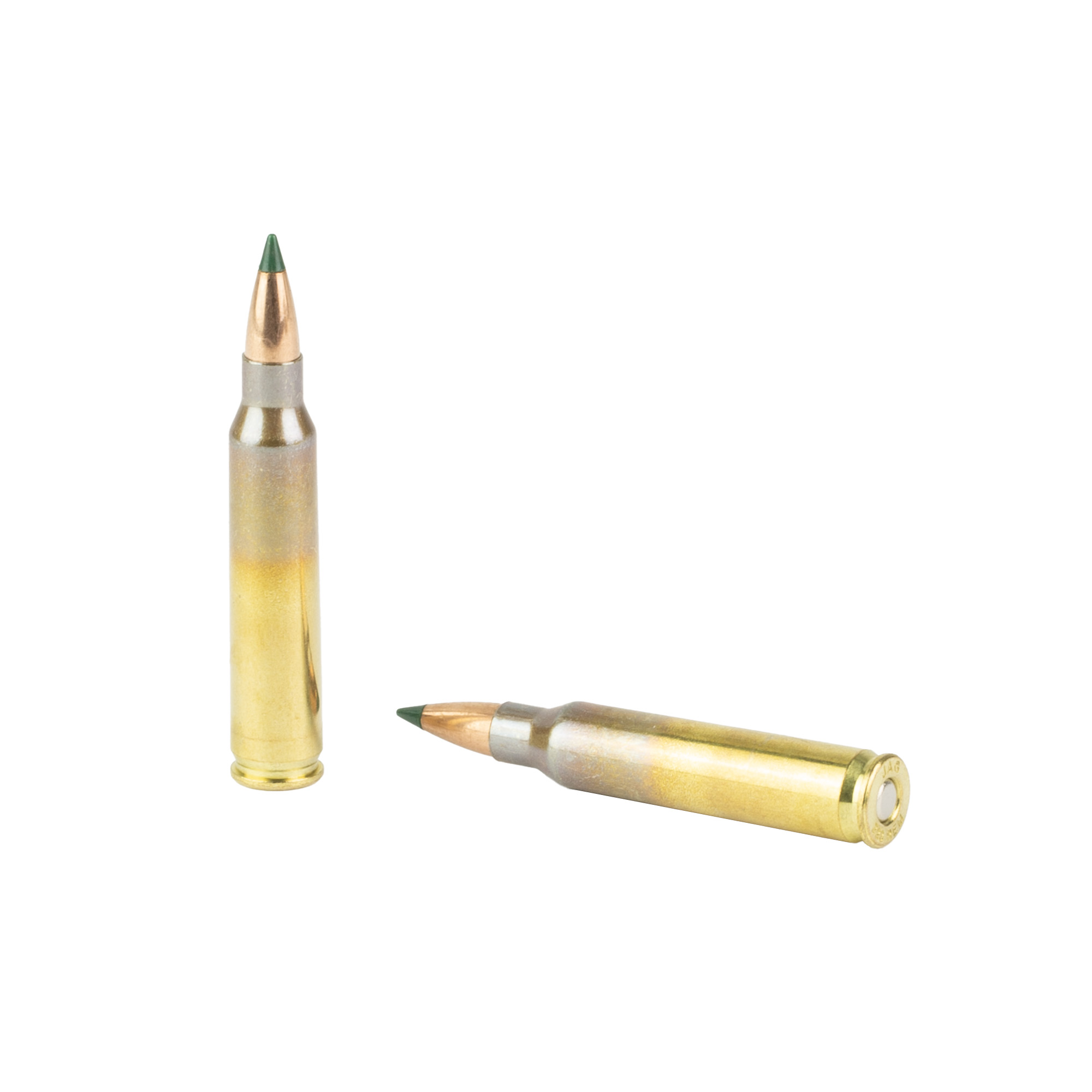 Two Barnes .223 Remington rounds with green polymer tips, one standing and one lying down