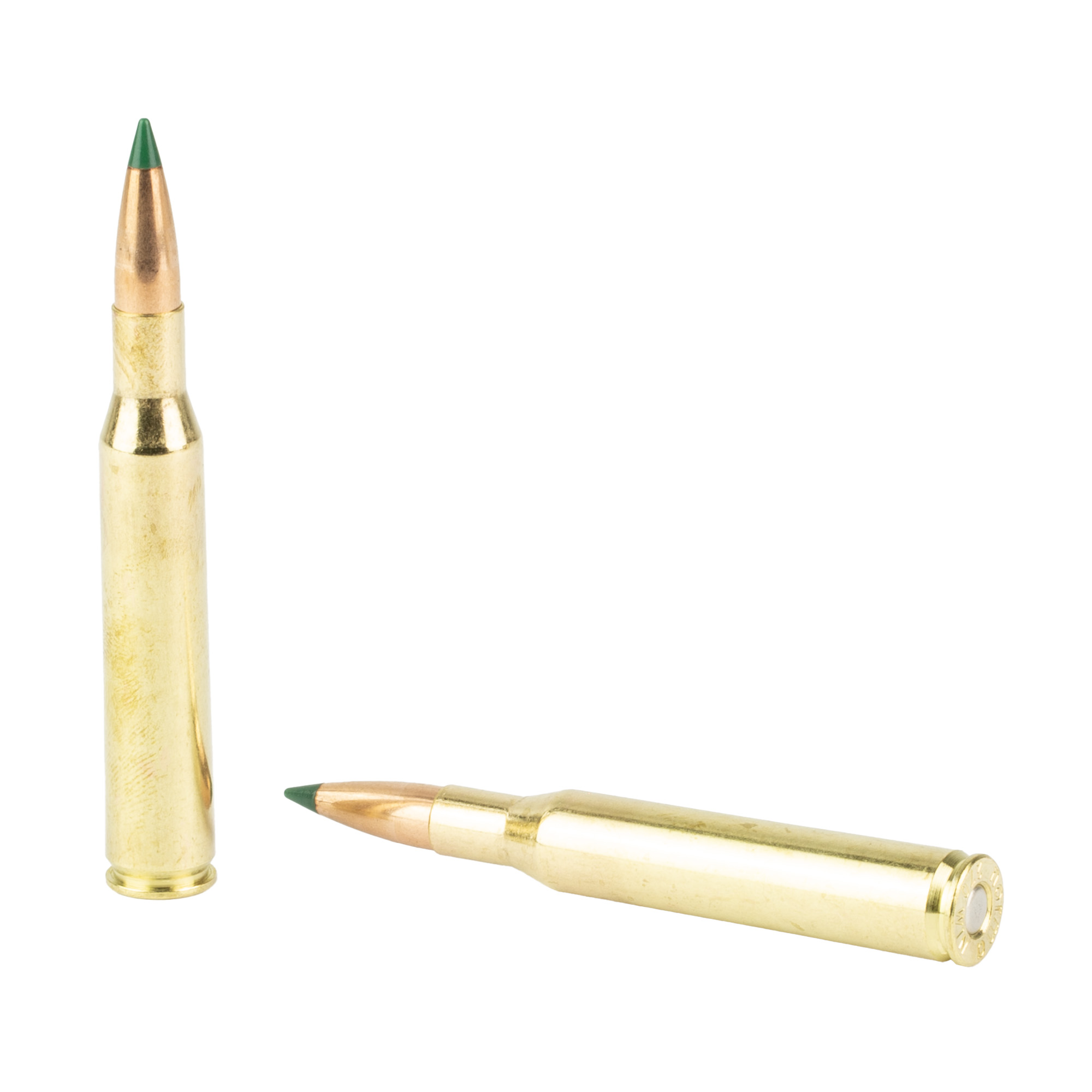 Two Barnes .270 Winchester cartridges with green polymer-tipped bullets